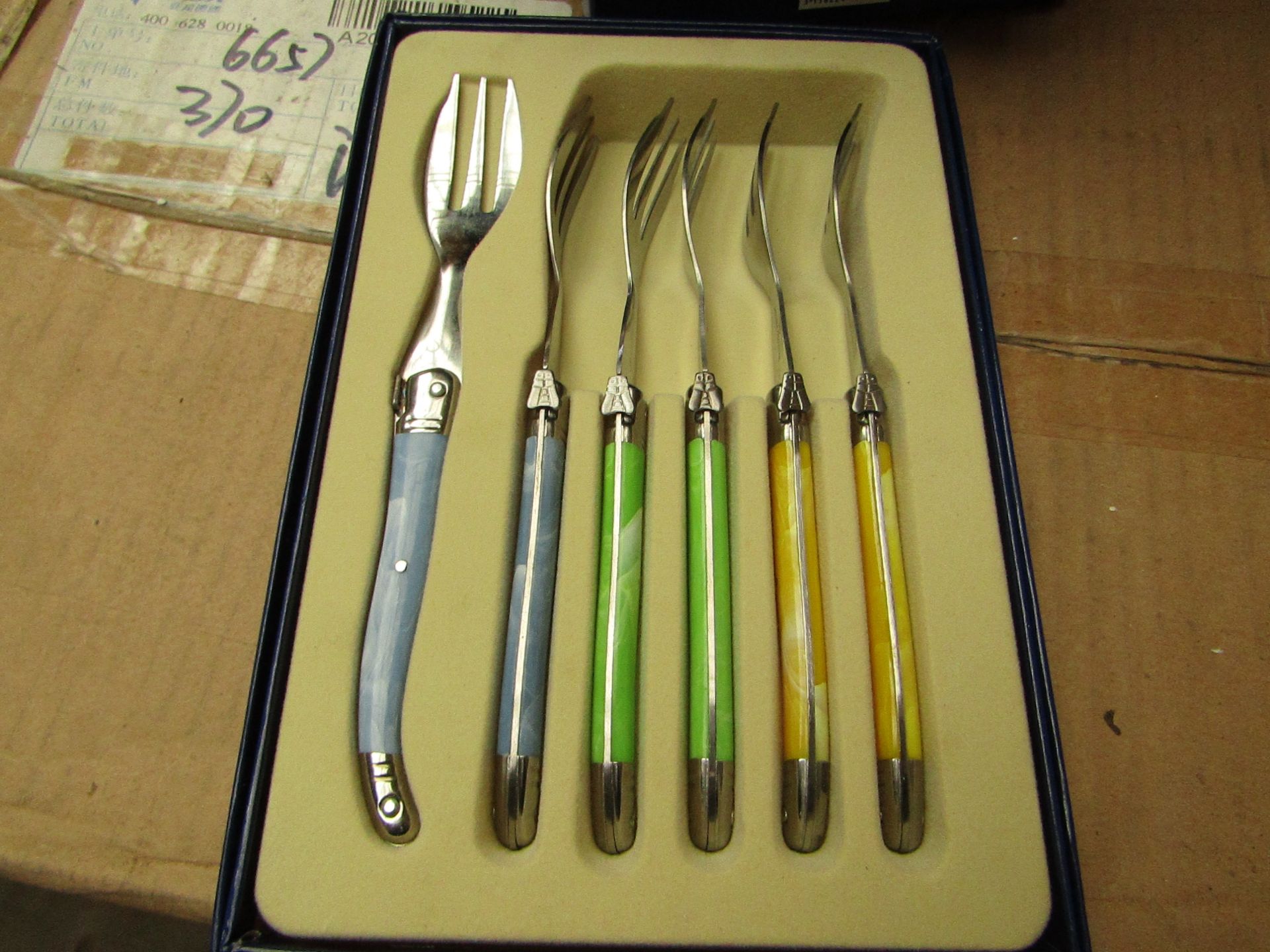 6x Laguiole - Cake Forks (6 Forks Per Box) Blue & Green - Unused & Boxed.