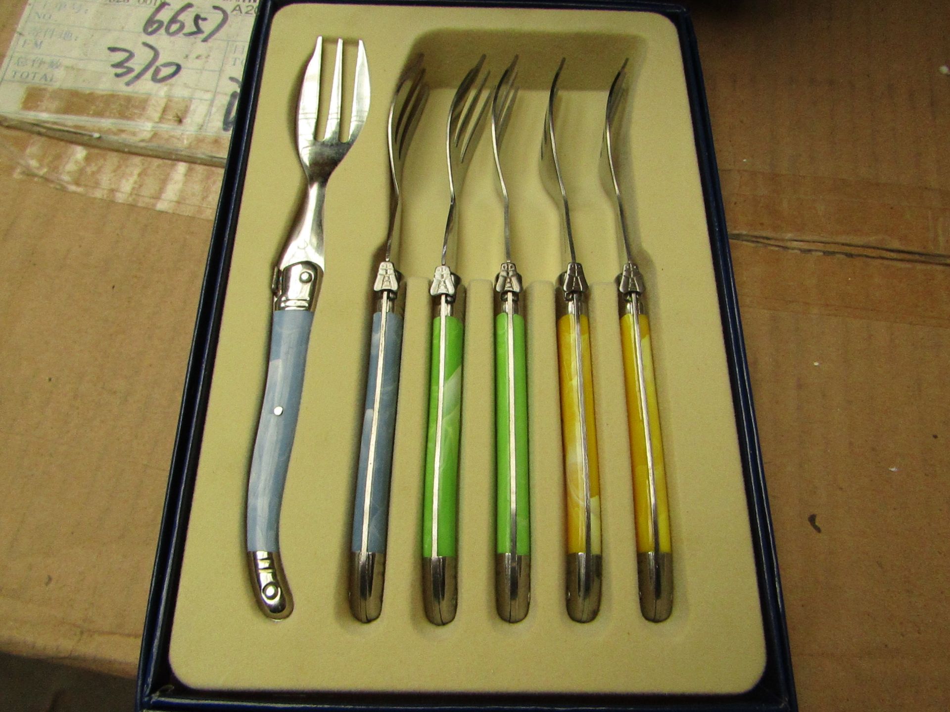 6x Laguiole - Cake Forks (6 Forks Per Box) Blue & Green - Unused & Boxed.