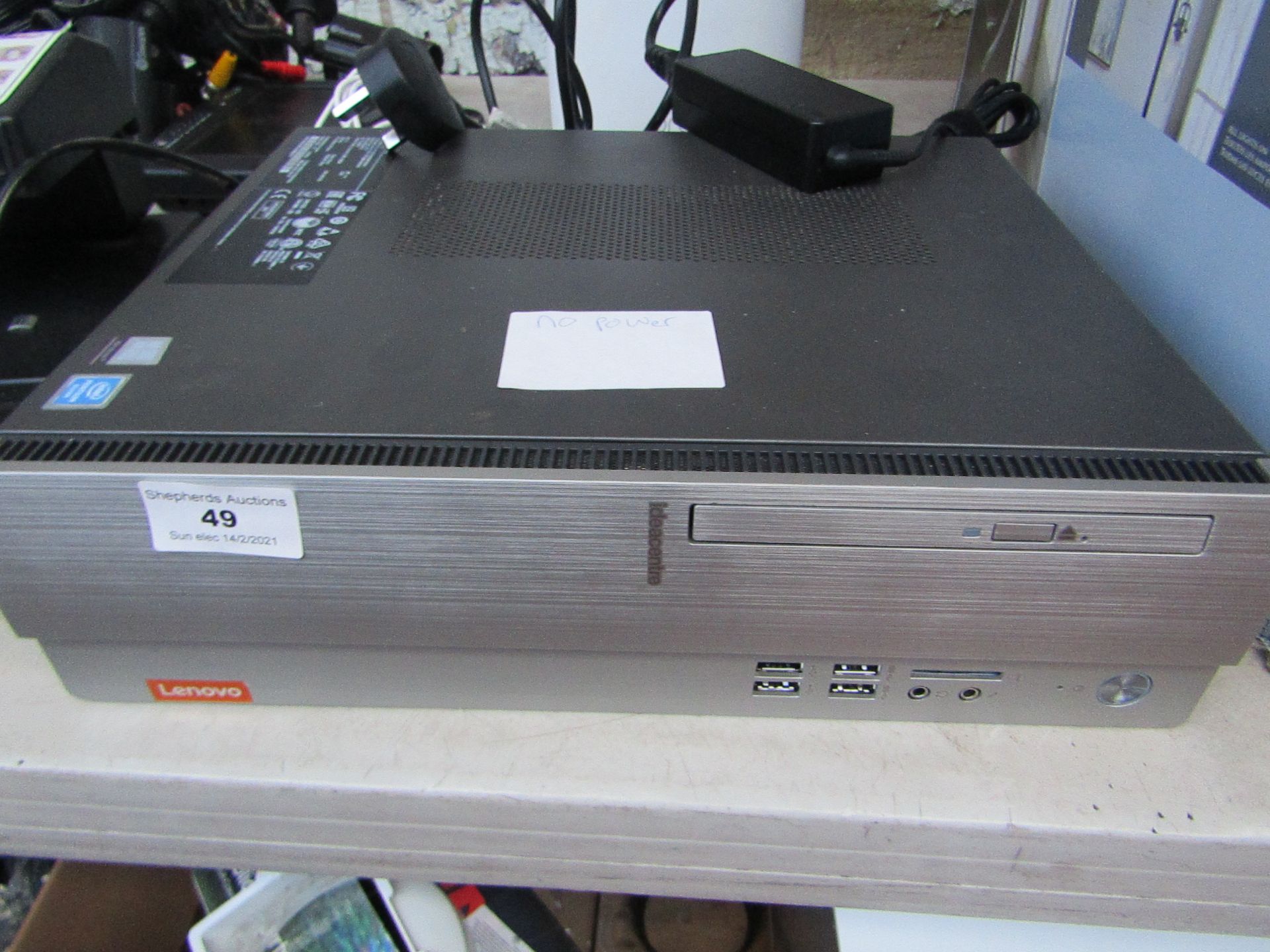 Lenovo HDD 1T, RAM 8G, Windows 10 Home compiter tower, no power but we have not tested it to a
