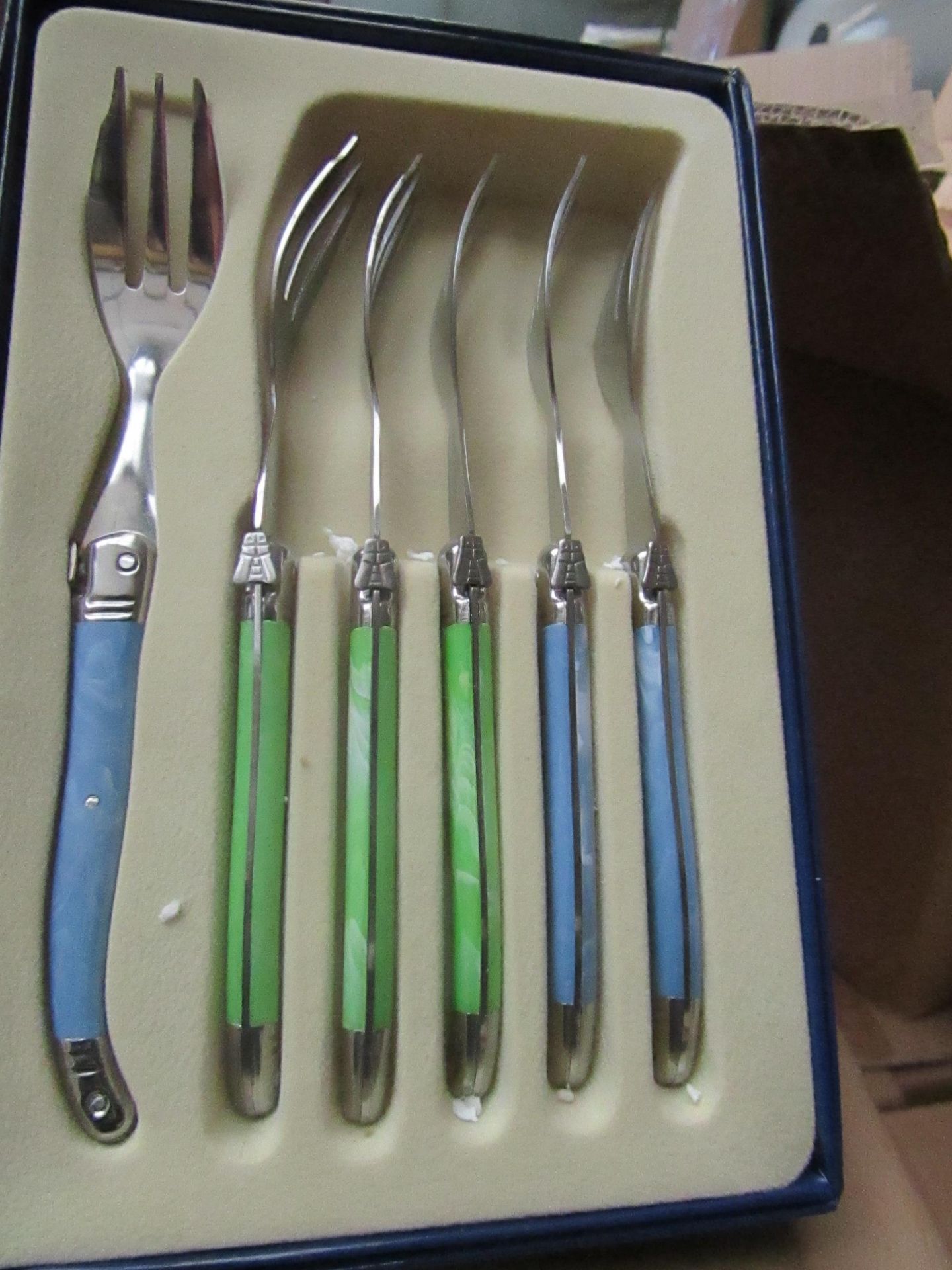 6x Laguiole - Cake Forks (6 Forks Per Box) Blue & Green - Unused & Boxed.