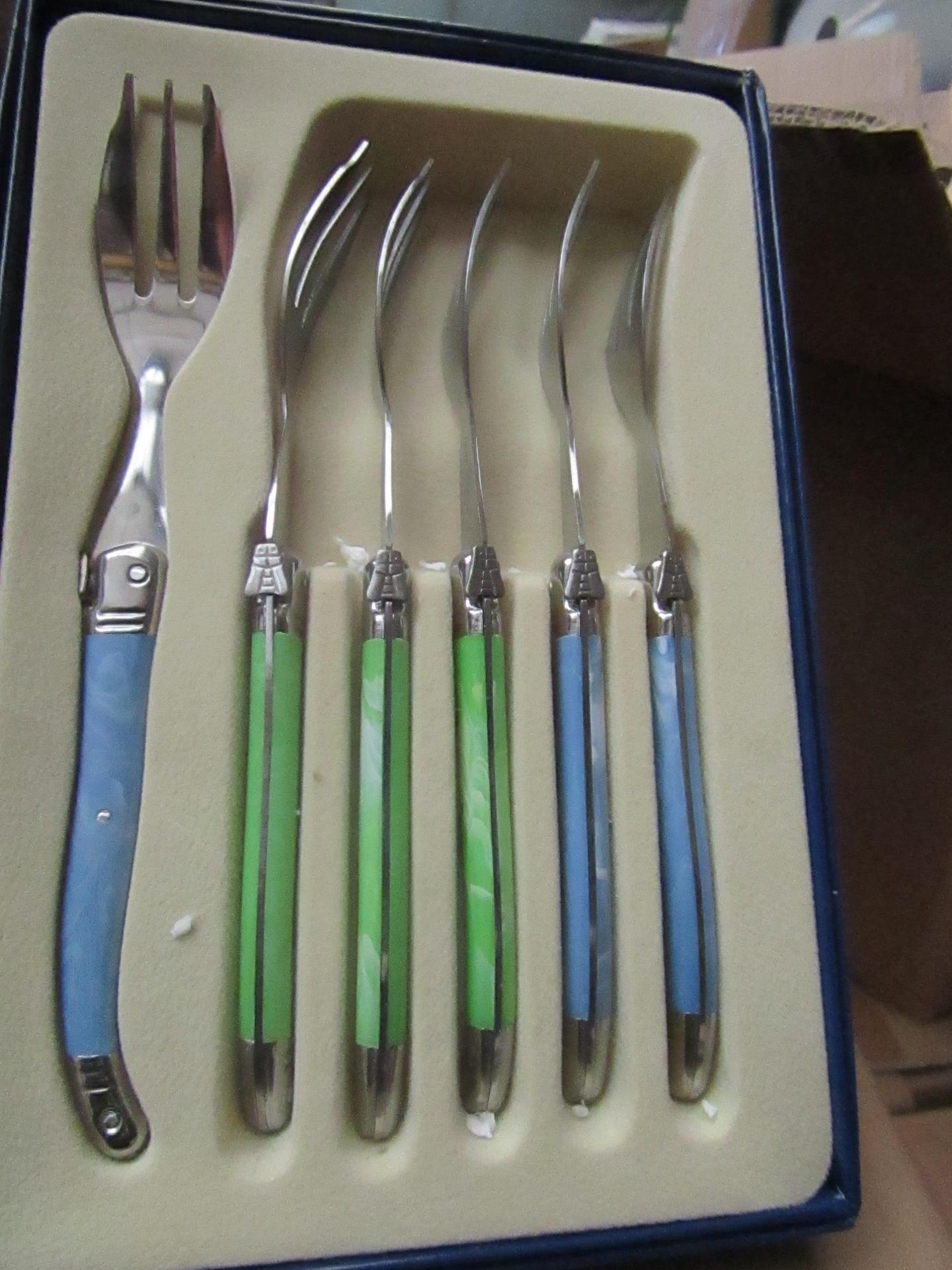 6x Laguiole - Cake Forks (6 Forks Per Box) Blue & Green - Unused & Boxed.