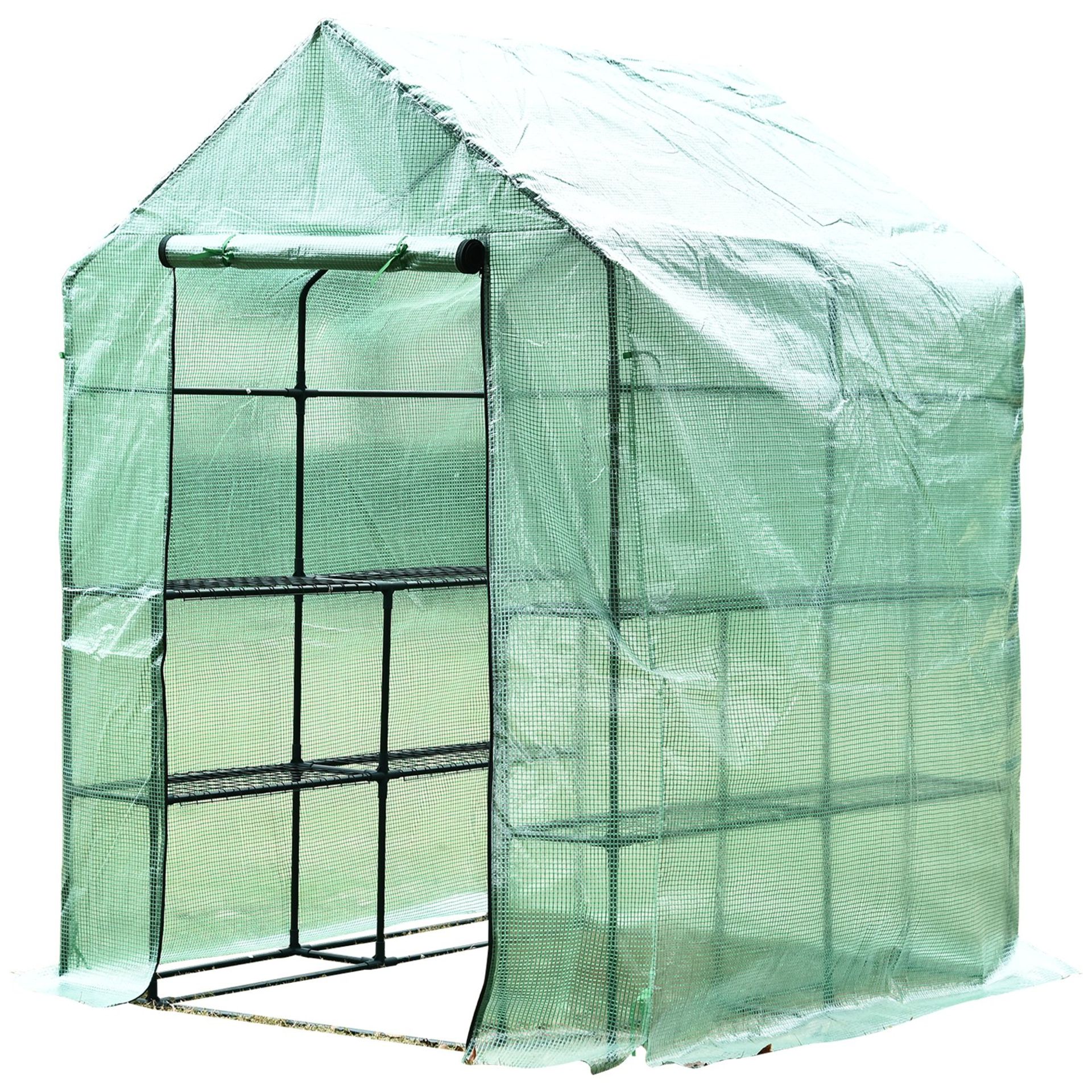 | 1x | OUTSUNNY 143X143X195CM WALK-IN GREENHOUSE WITH SHELVES DARK GREEN | UNCHECKED & BOXED | SKU