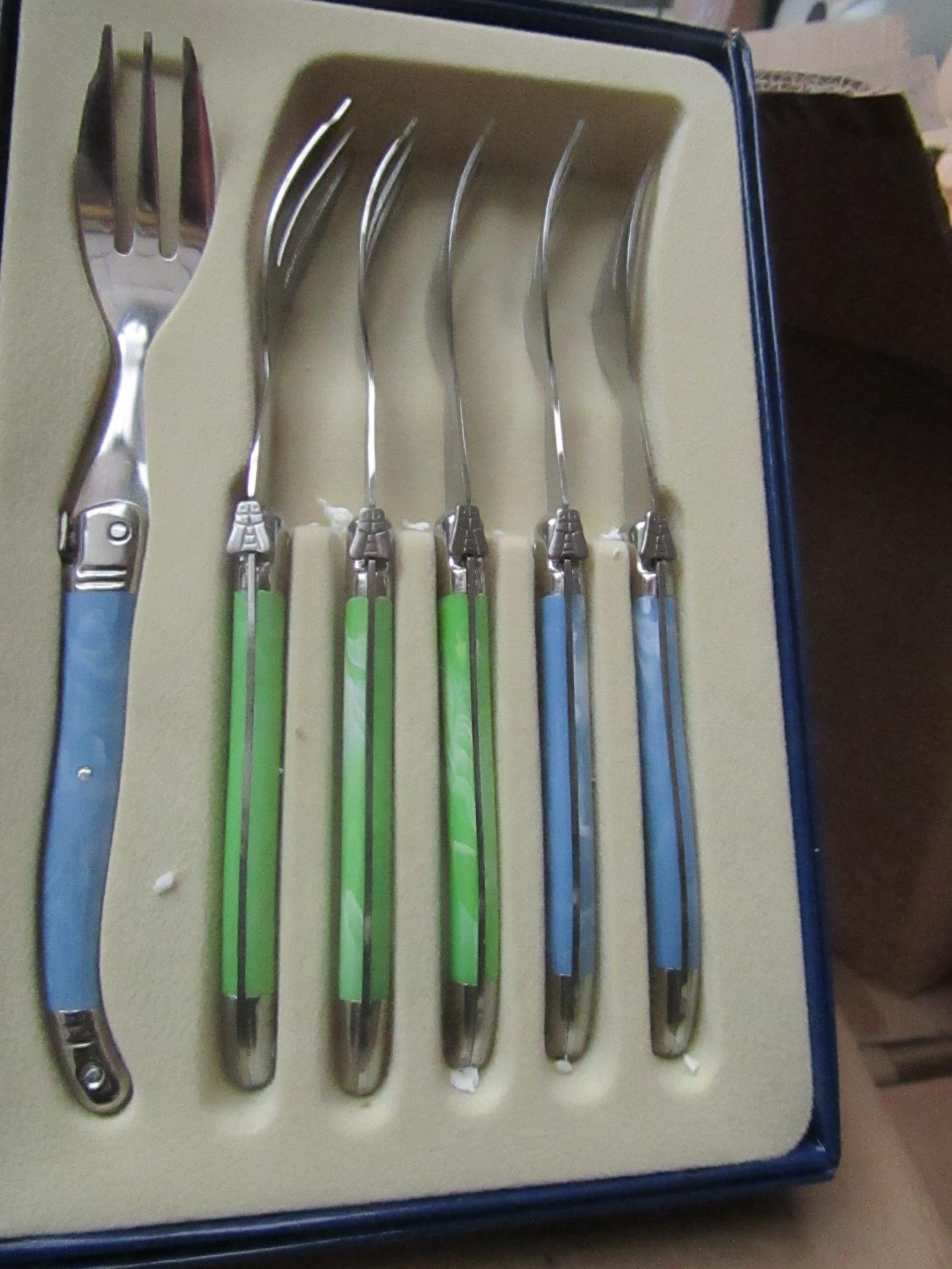 6x Laguiole - Cake Forks (6 Forks Per Box) Blue & Green - Unused & Boxed.