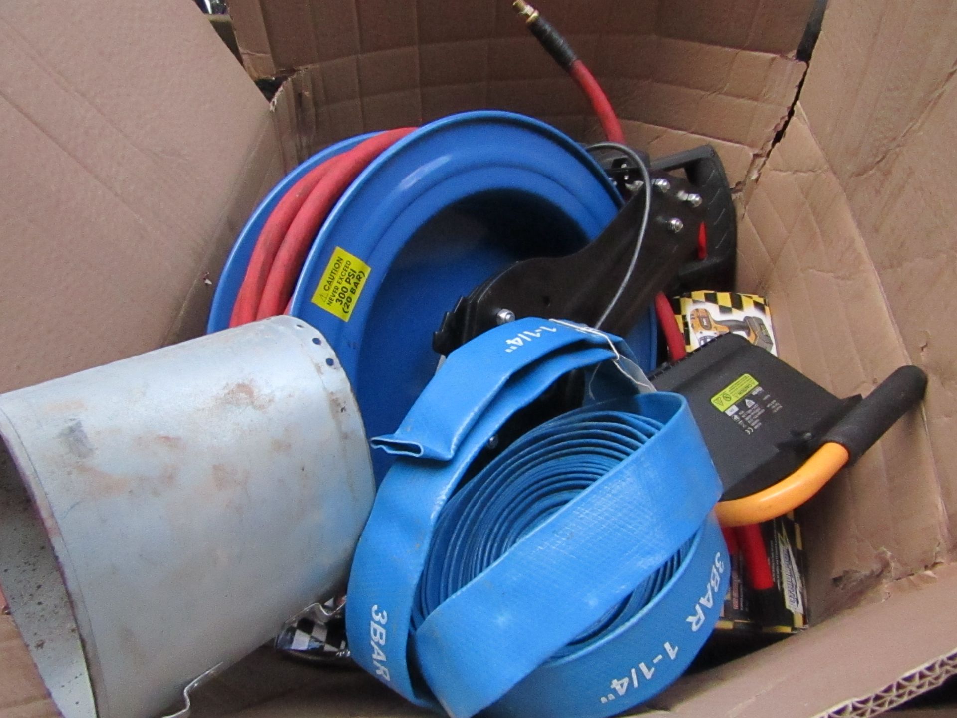 Box Contains Approx 7x Various Items, Compressor Hose, 14" Saw Blade, Impact Wrench Etc, This lot is