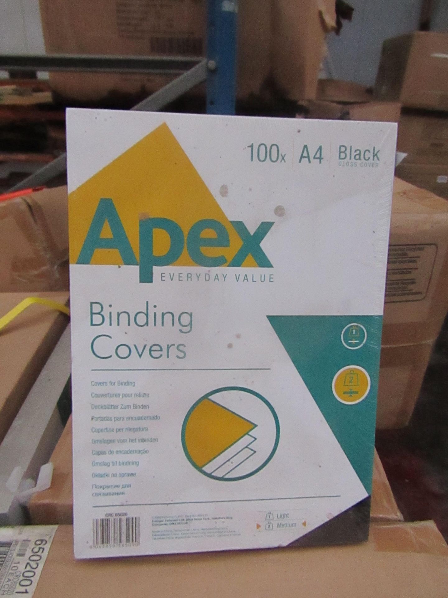 Pallet of approx 240 packs of 100 Fellowes Binding covers, unused and appear to be still sealed (the