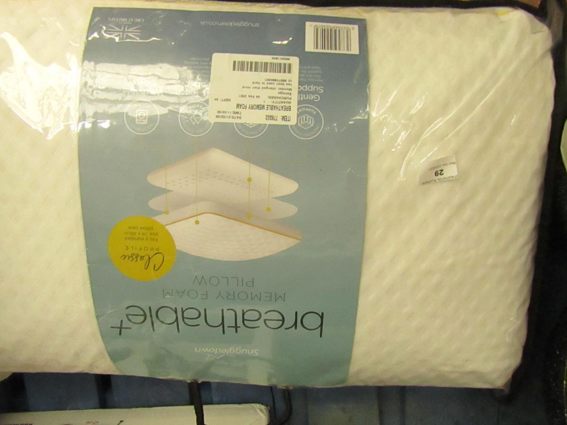 SnuggleDown - Breathable + Memory Foam Pillow - Unused & Packaged.