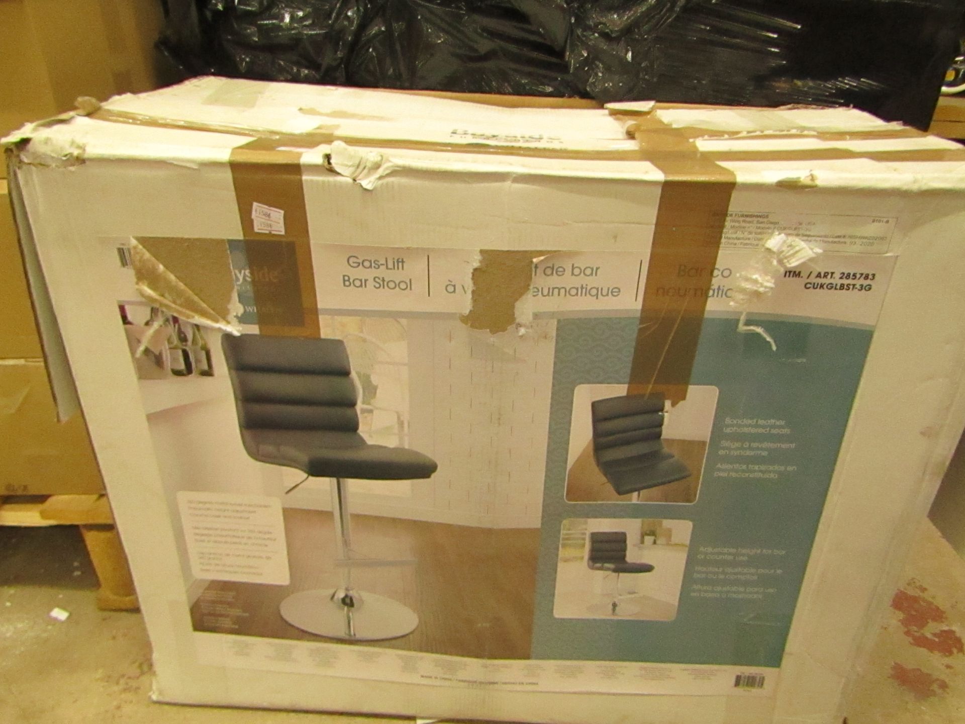 Bayside Furnishings Black Bonded Leather Gas Lift Bar Stool, Unchecked & Boxed