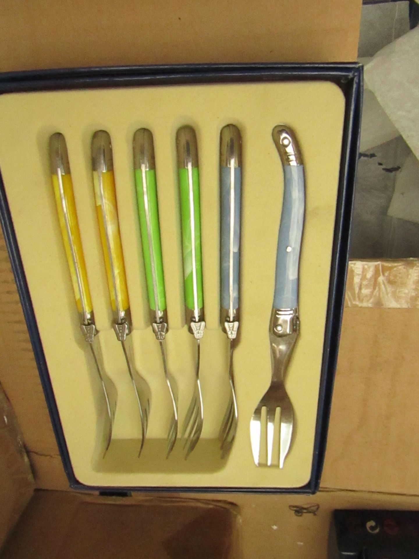 6x Laguiole - Cake Forks (6 Forks Per Box) Blue & Green - Unused & Boxed.