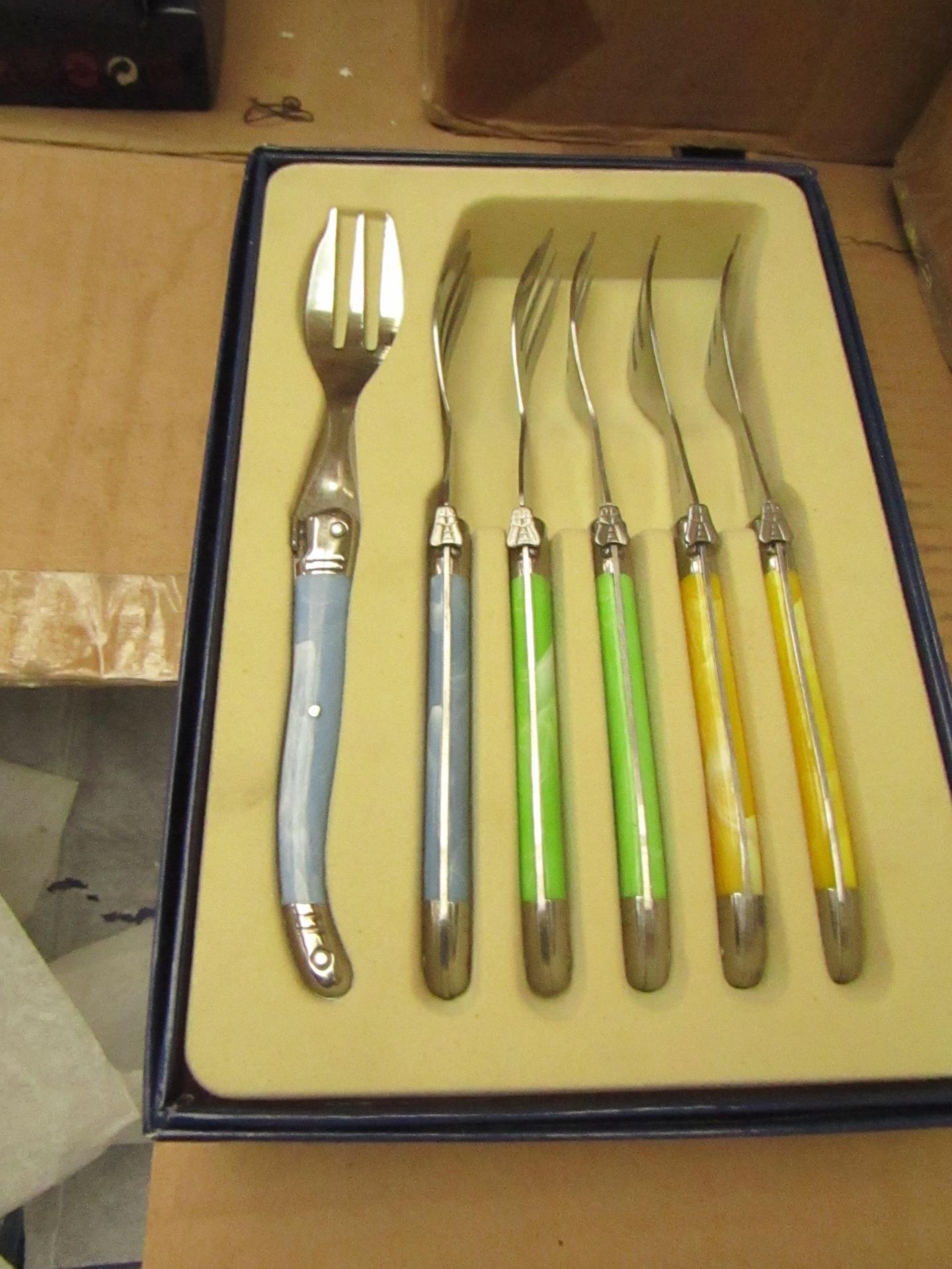 6x Laguiole - Cake Forks (6 Forks Per Box) Blue & Green - Unused & Boxed.