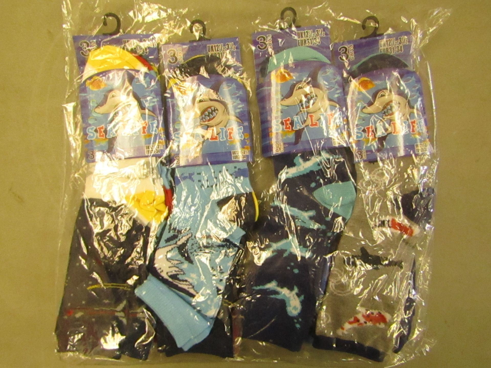 12 X Pairs of Childrens Sea Life Themed Socks Size 12.5 to 3.5 New & Packaged