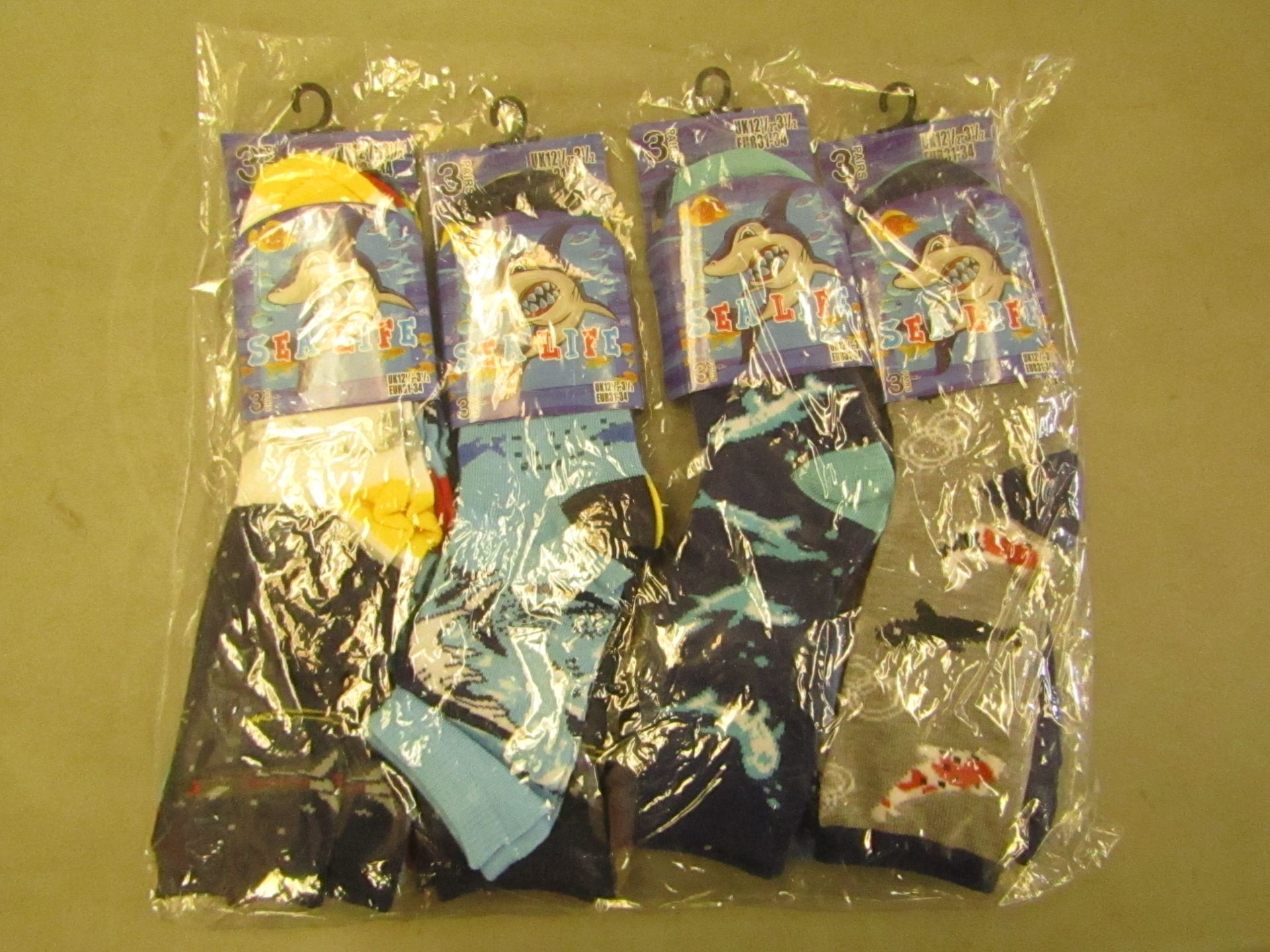 12 X Pairs of Childrens Sea Life Themed Socks Size 12.5 to 3.5 New & Packaged