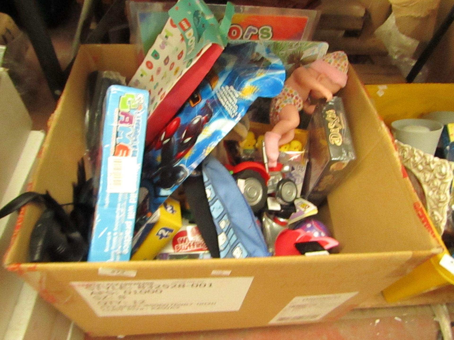 Box of Approx 15x Childrens Toys For Example. Literacy Fun Game, Spiderman - Bumper Play pack,