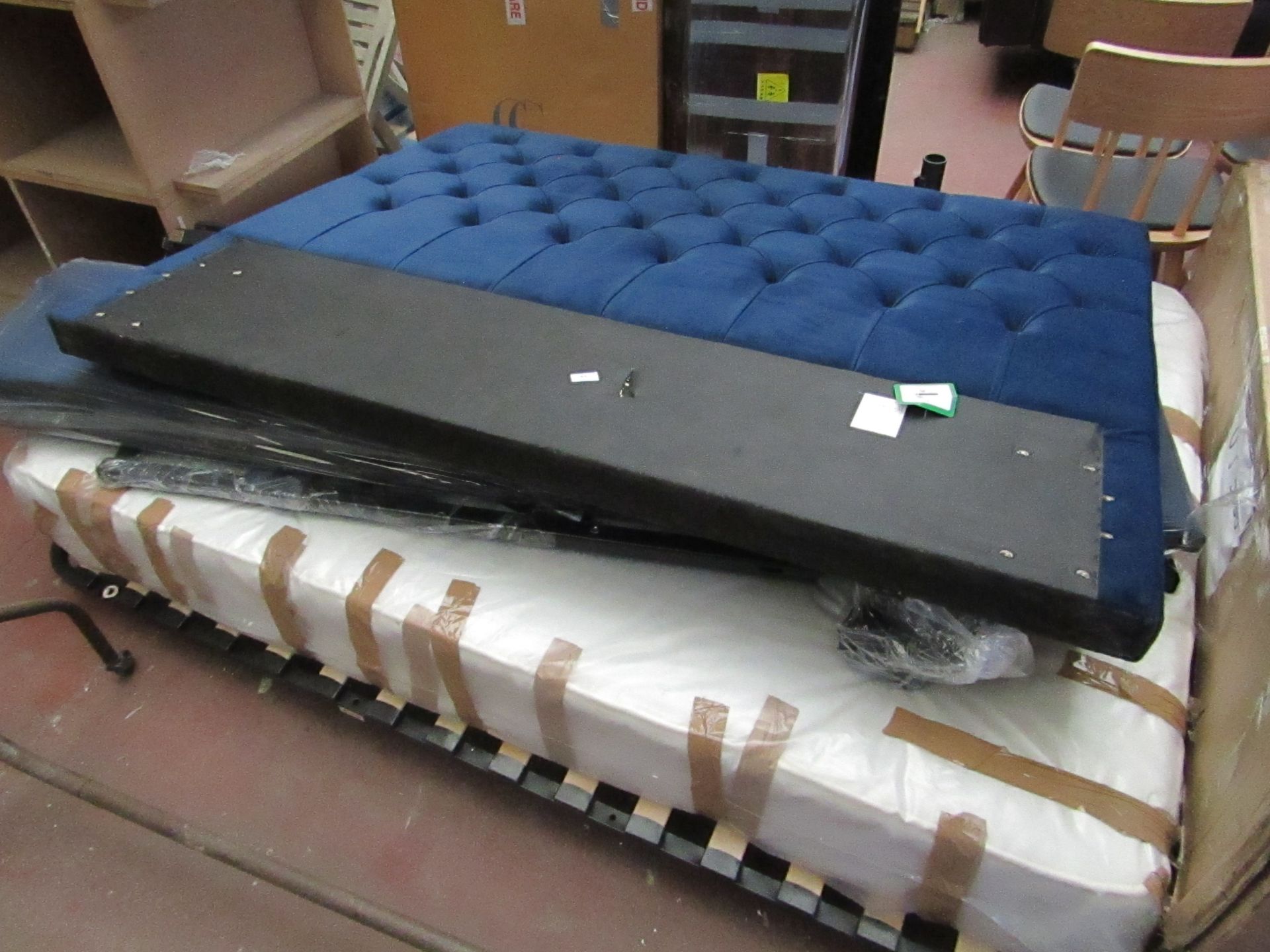 | 1X | MADE.COM BLUE KING SIZE OTTOMAN BED FRAME WITH MATTRESS | UNCHECKED FOR ALL PARTS AND