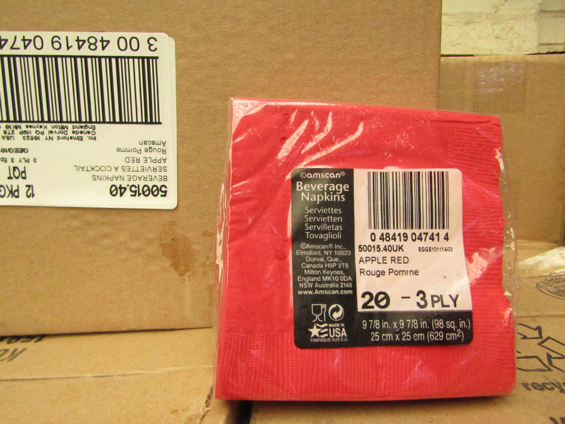 Amscan - Apple Red Beverage Napkins ( Box of 12 Packs ) - New & Packaged.