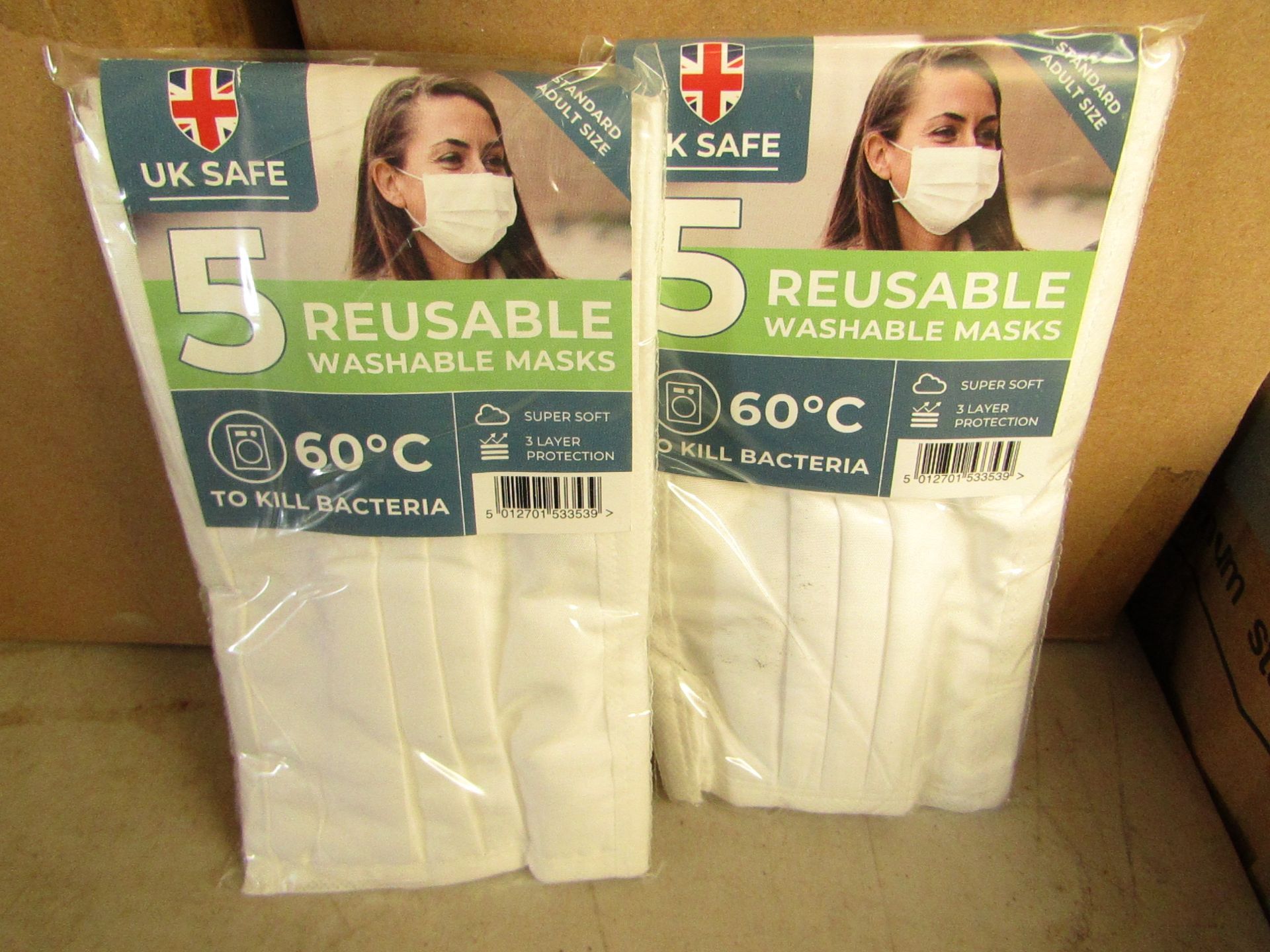 UK SAFE - Reusable Washable Masks (3 Layer Protection, Universal Fitting) - Packs of 5 - New &