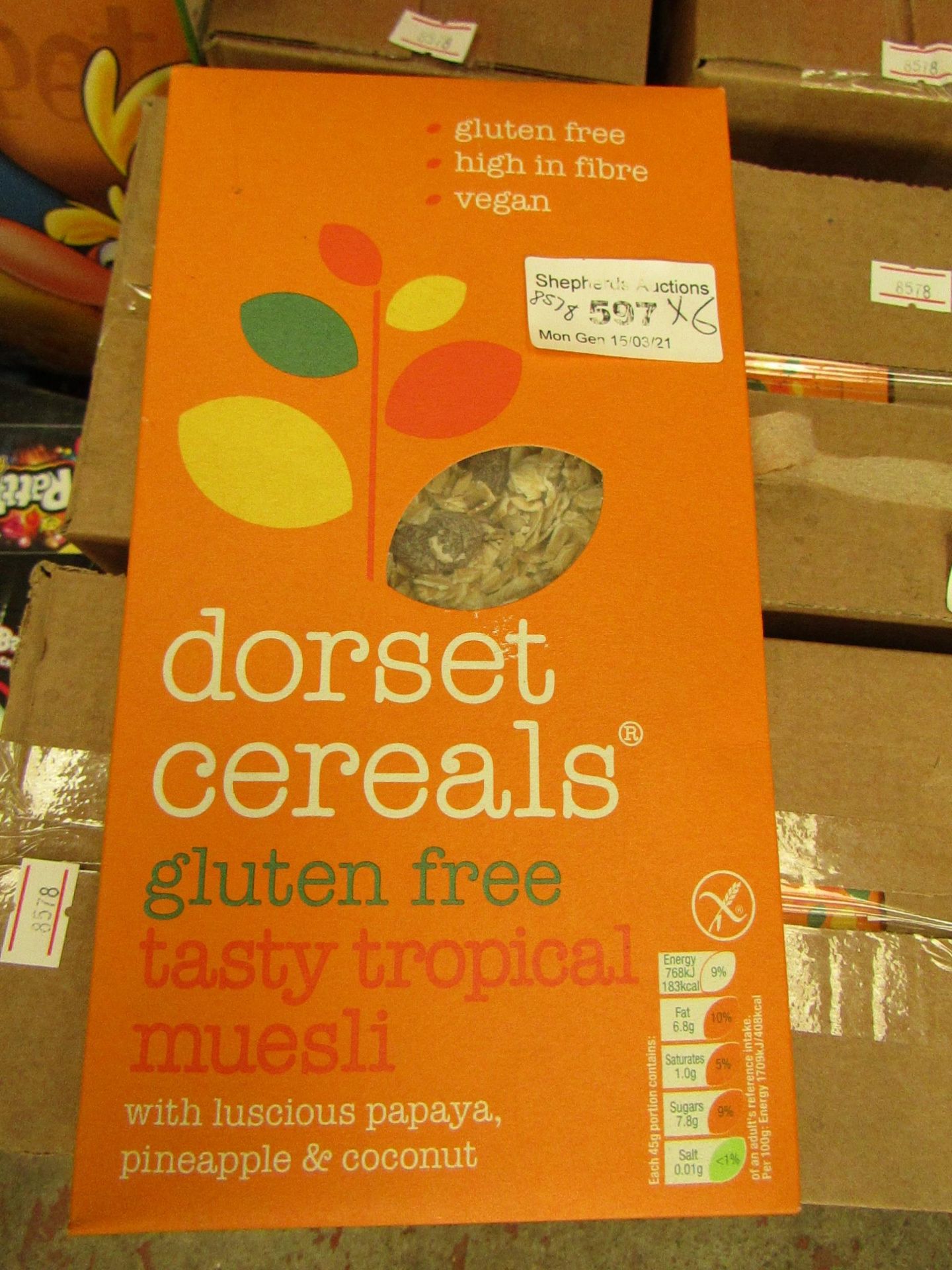 6x Dorset Cereals - Glutten free Tasty Tropical Muesli - Best before 25/12/2020 - New & Boxed.