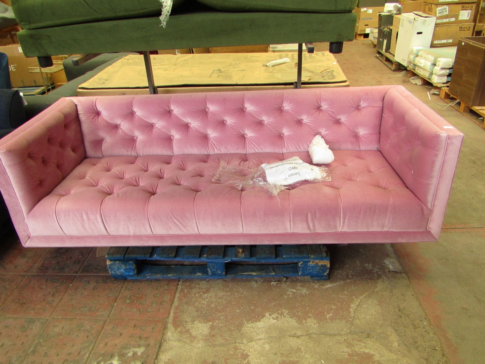 | 1X | SWOON VINCENT PINK 3 SEATER SOFA | COULD DO WITH A CLEAN IN PLACES BUT NO MAJOR DAMAGE IS