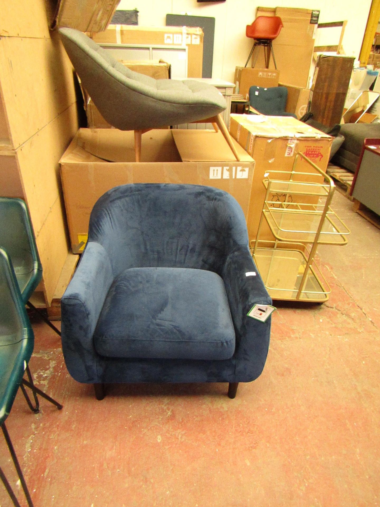 | 1X | MADE.COM BLUE VELOUR ACCENT CHAIR| LOOKS TO BE IN VERY GOOD CONDITION JUST A COUPLE OF