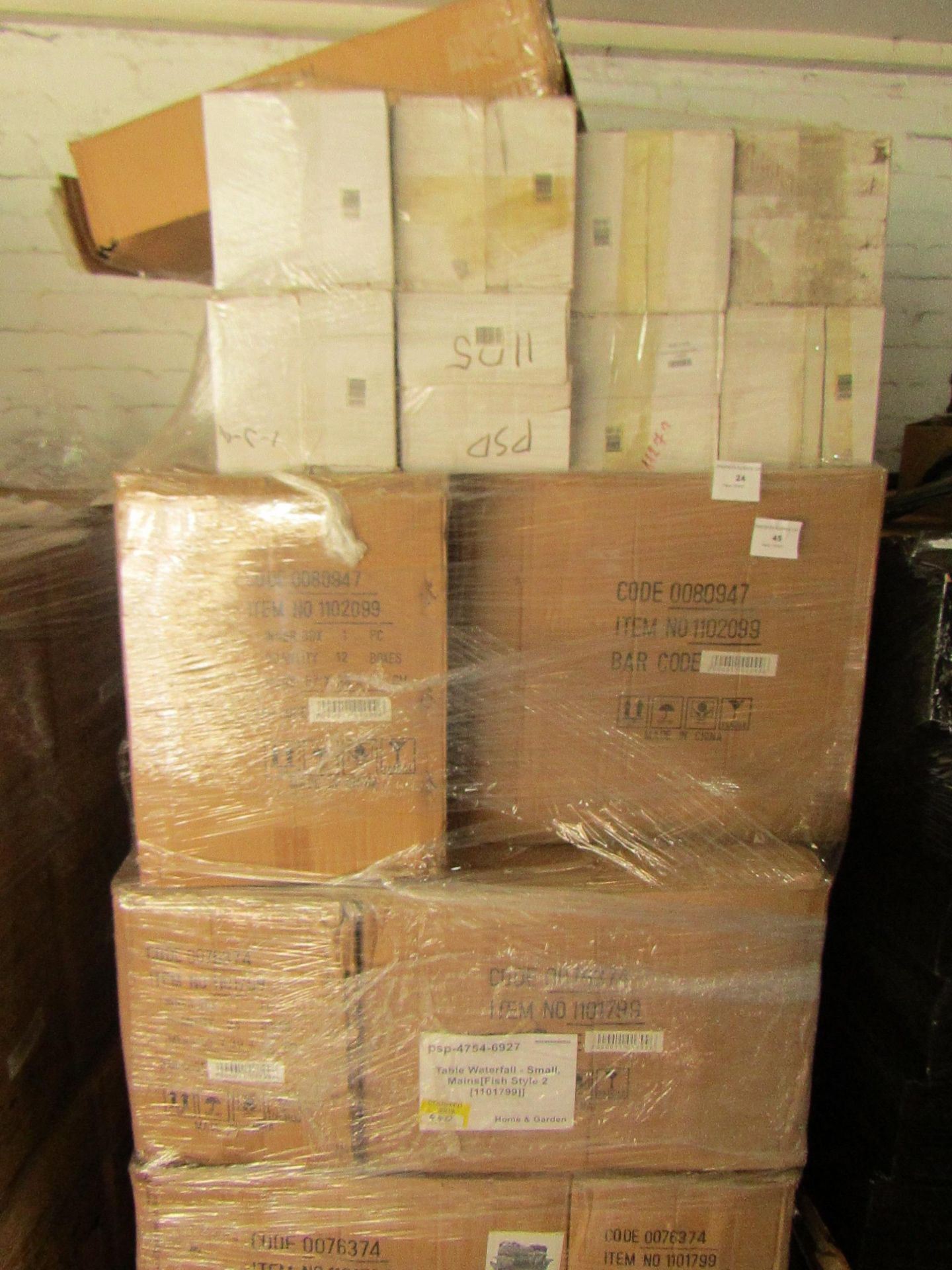 A Pallet of approx 12x boxes of 24 themed water features, look unused