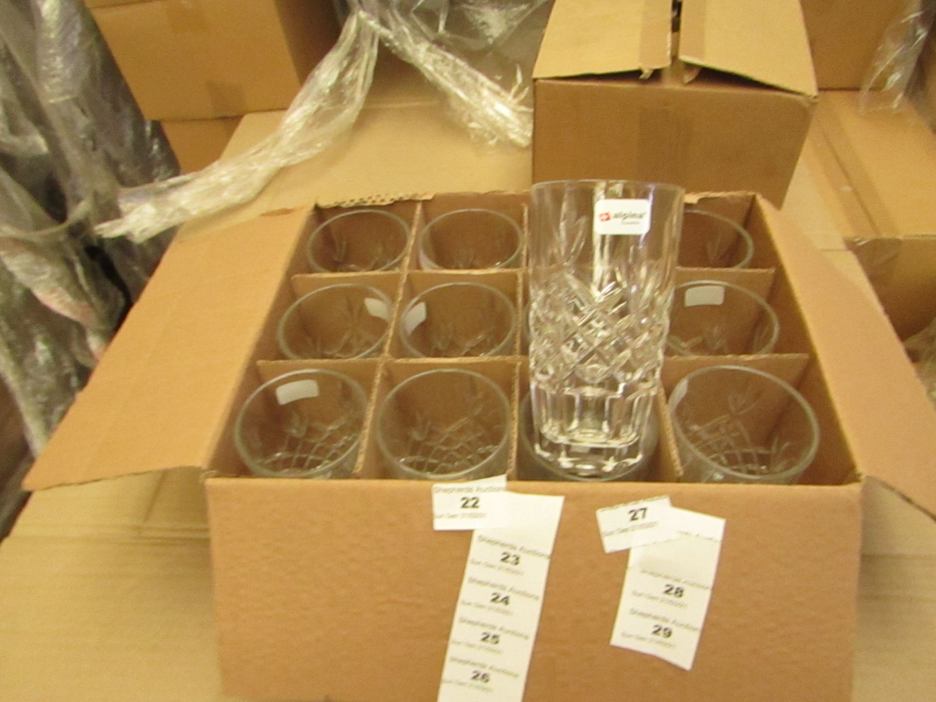 12 x Alpina Crystaline - 320ML Glass Tumblers - New & Boxed. see image for design