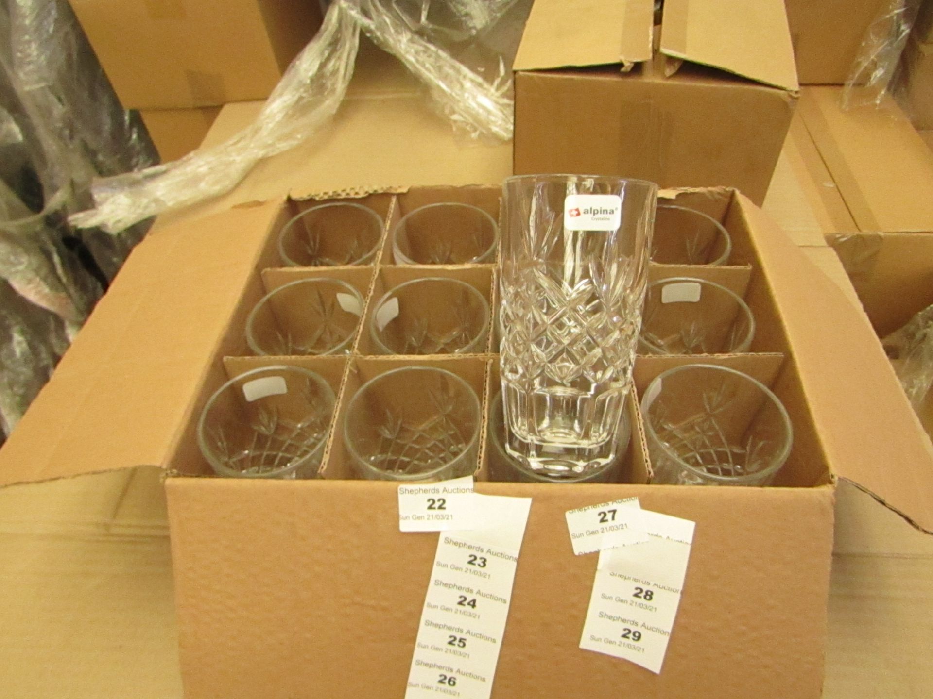 12 x Alpina Crystaline - 320ML Glass Tumblers - New & Boxed. see image for design