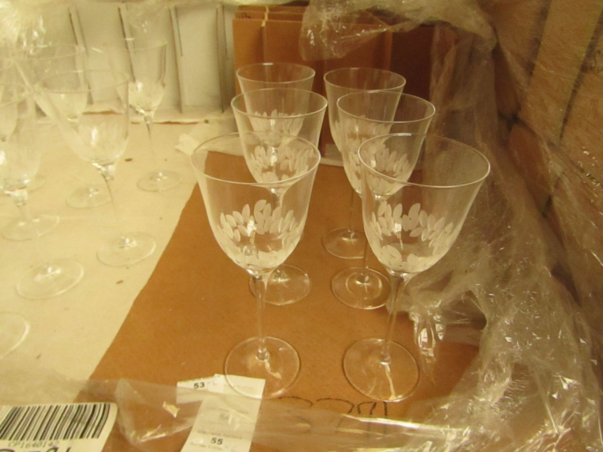 6 x Cristal De Toscane Etched Wine Glasses - New. see image for design