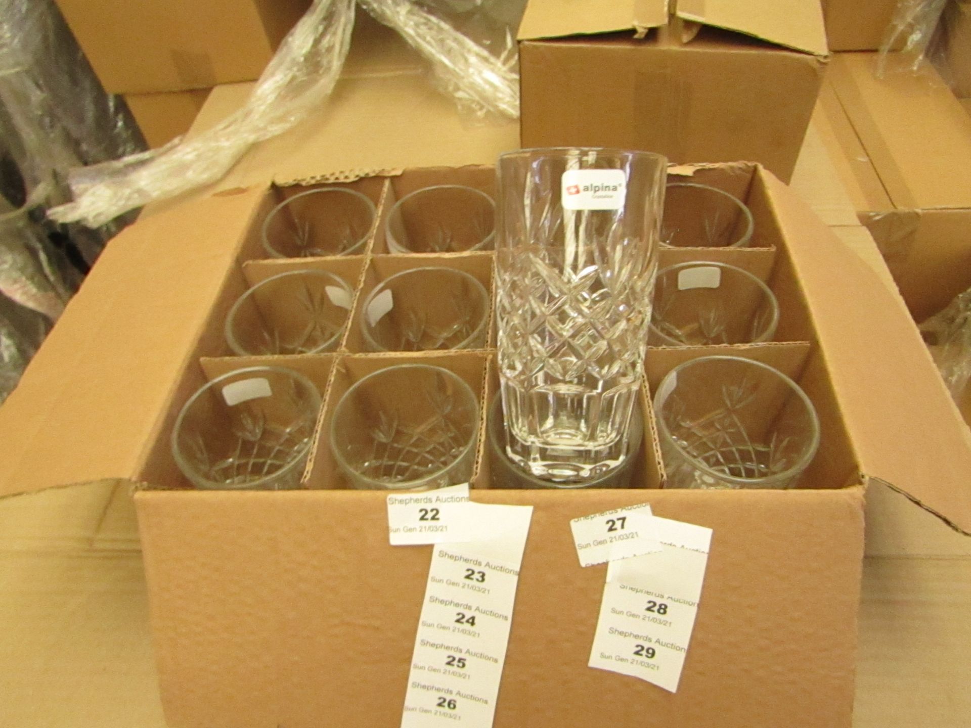 12 x Alpina Crystaline - 320ML Glass Tumblers - New & Boxed. see image for design