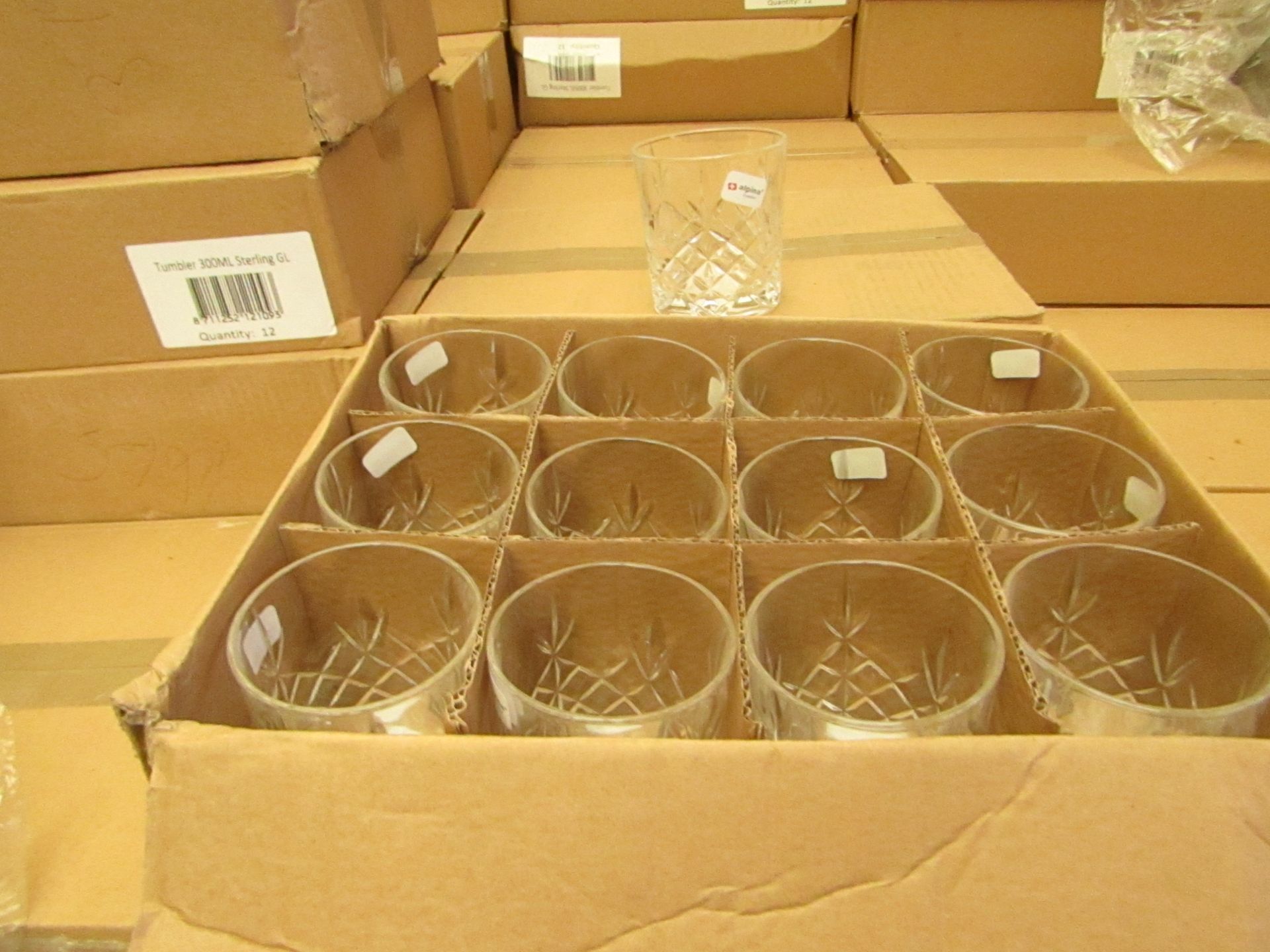 12 x Alpina Crystaline - 300ML Glass Tumblers - New & Boxed. see image for design