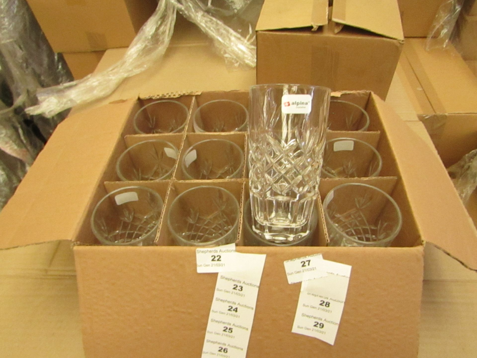 12 x Alpina Crystaline - 320ML Glass Tumblers - New & Boxed. see image for design