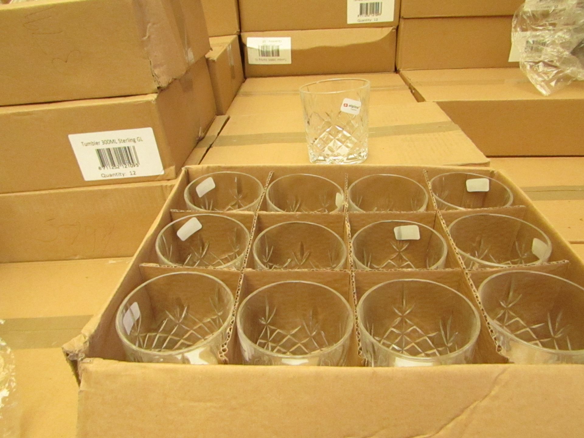 12 x Alpina Crystaline - 300ML Glass Tumblers - New & Boxed. see image for design