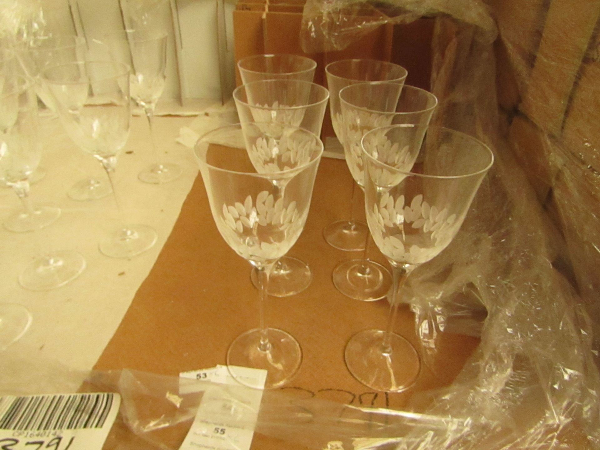 6 x Cristal De Toscane Etched Wine Glasses - New. see image for design