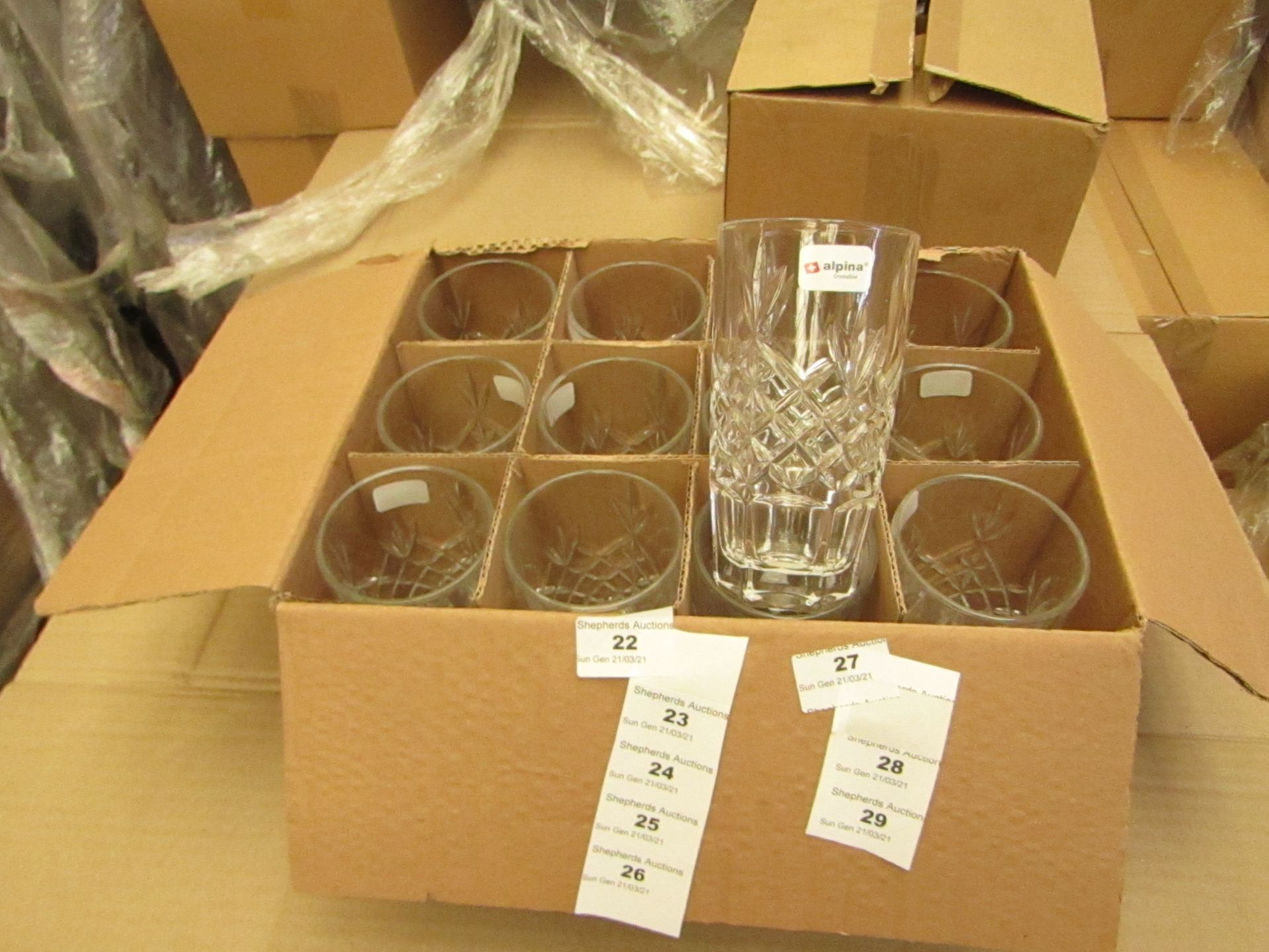 12 x Alpina Crystaline - 320ML Glass Tumblers - New & Boxed. see image for design