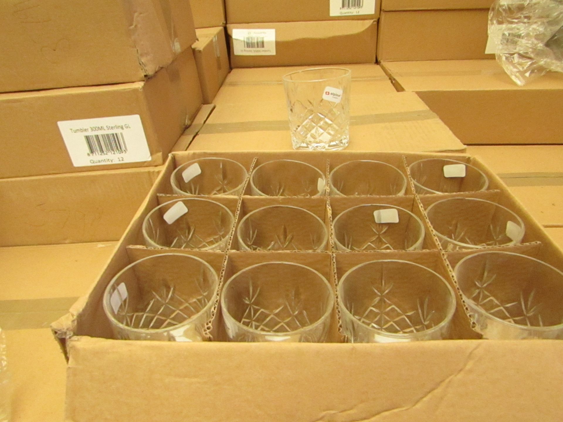 12 x Alpina Crystaline - 300ML Glass Tumblers - New & Boxed. see image for design