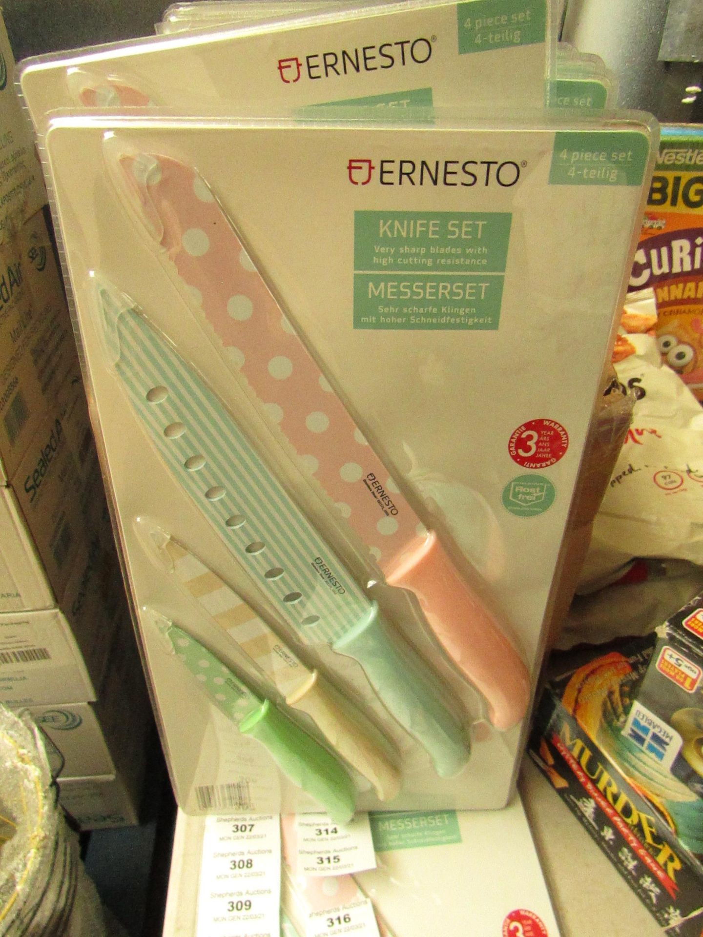 Ernesto - 4 Piece Knife Set (Multi-Colours & Pattern/Designs) - New & Packaged.