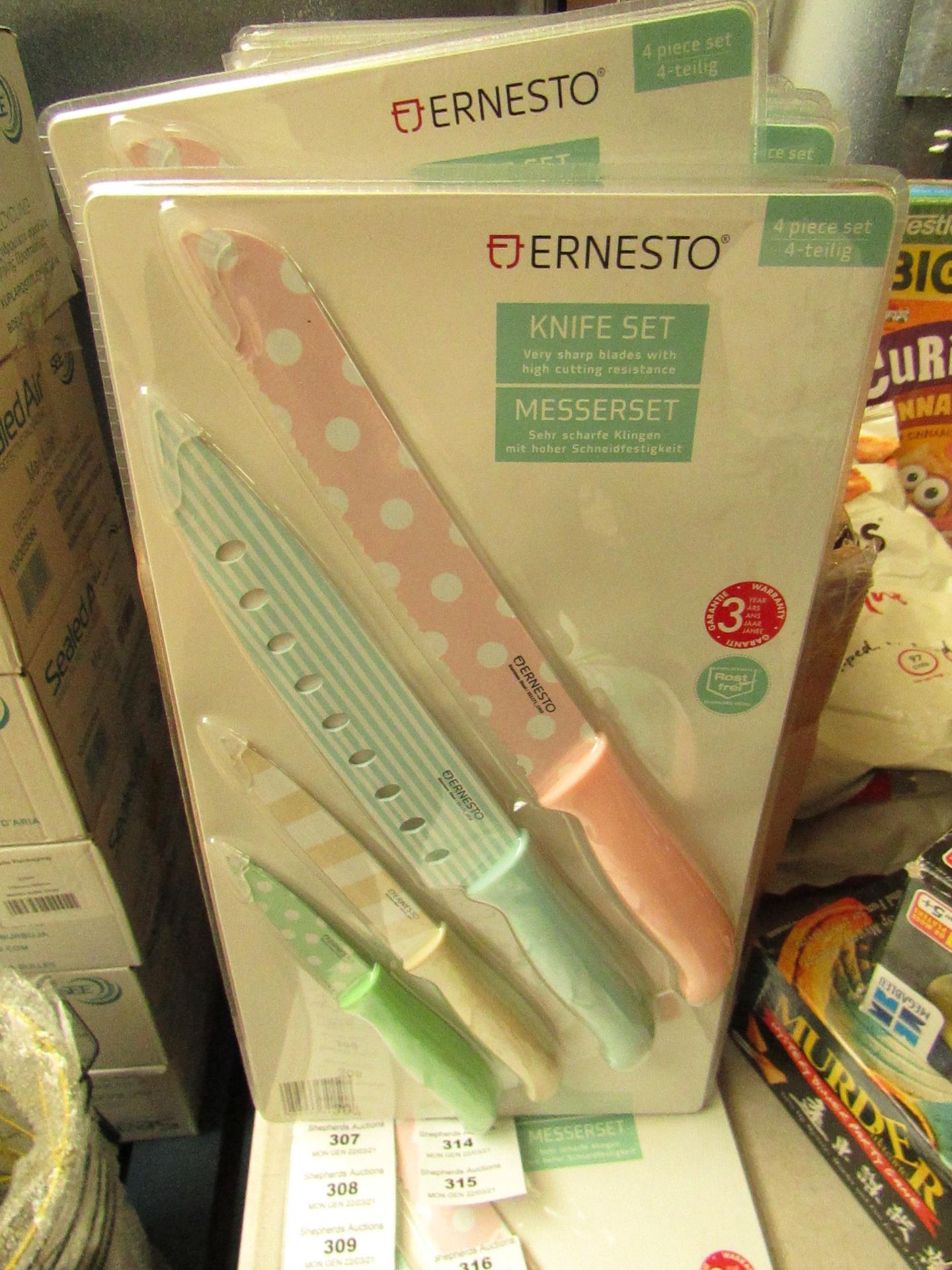 Ernesto - 4 Piece Knife Set (Multi-Colours & Pattern/Designs) - New & Packaged.