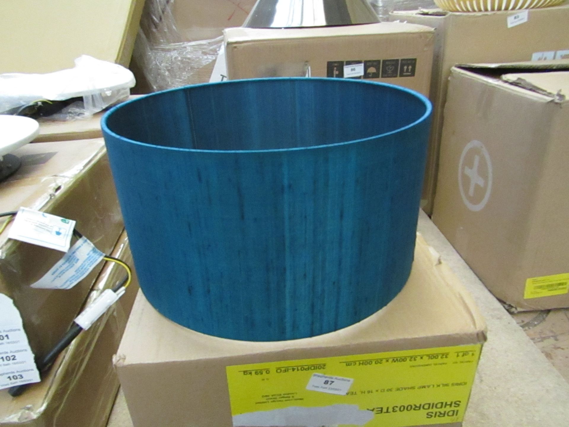 | 1X | MADE.COM IDRIS SILK LAMP SHADE 30 D X 16 H, TEAL | HAS A SMALL HOLE IN THE SHADE & BOXED |
