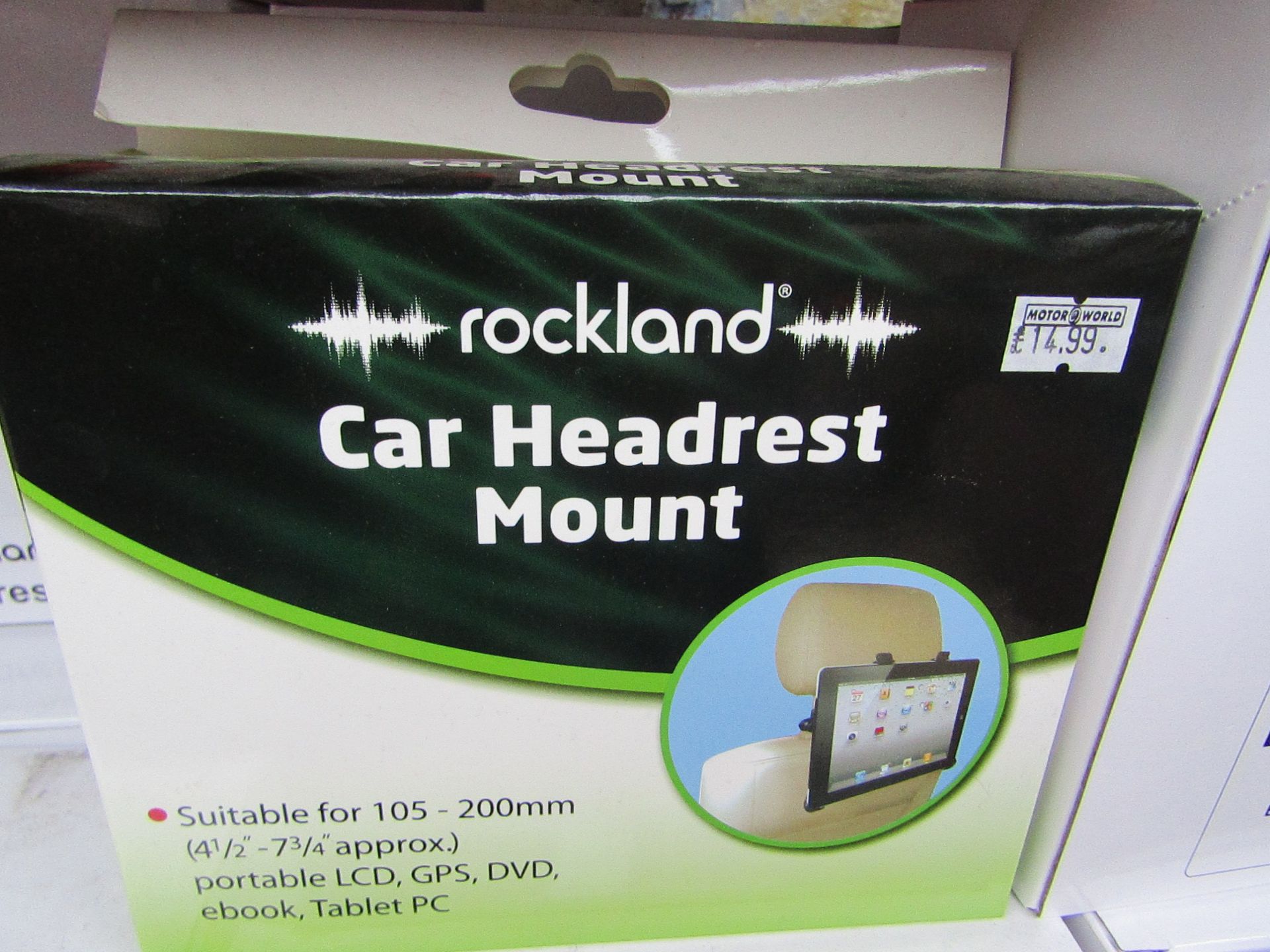 Box containing 2 Rockland Car Head rest mounts suitable for Tablets and devices up to 7" - New.