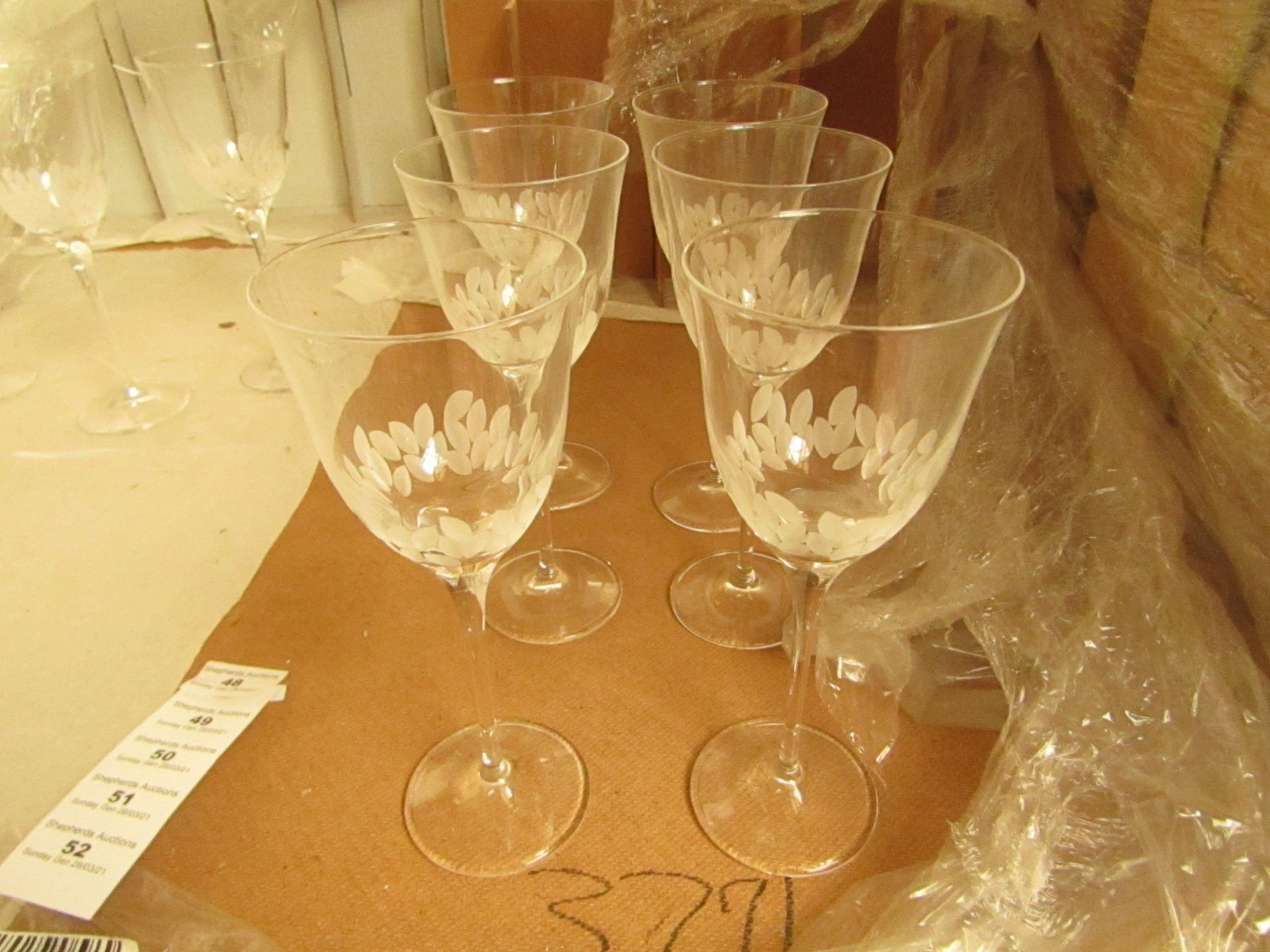 6 x Cristal De Toscane Etched Wine Glasses - New. see image for design