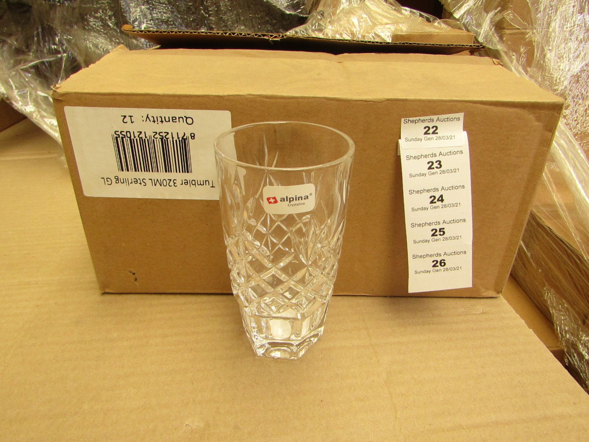 12 x Alpina Crystaline - 320ML Glass Tumblers - New & Boxed. see image for design