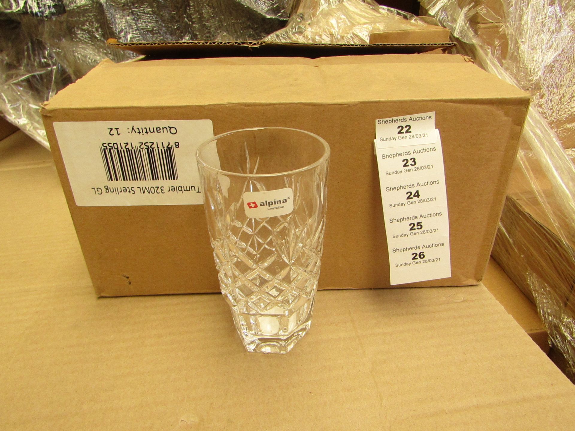 12 x Alpina Crystaline - 320ML Glass Tumblers - New & Boxed. see image for design