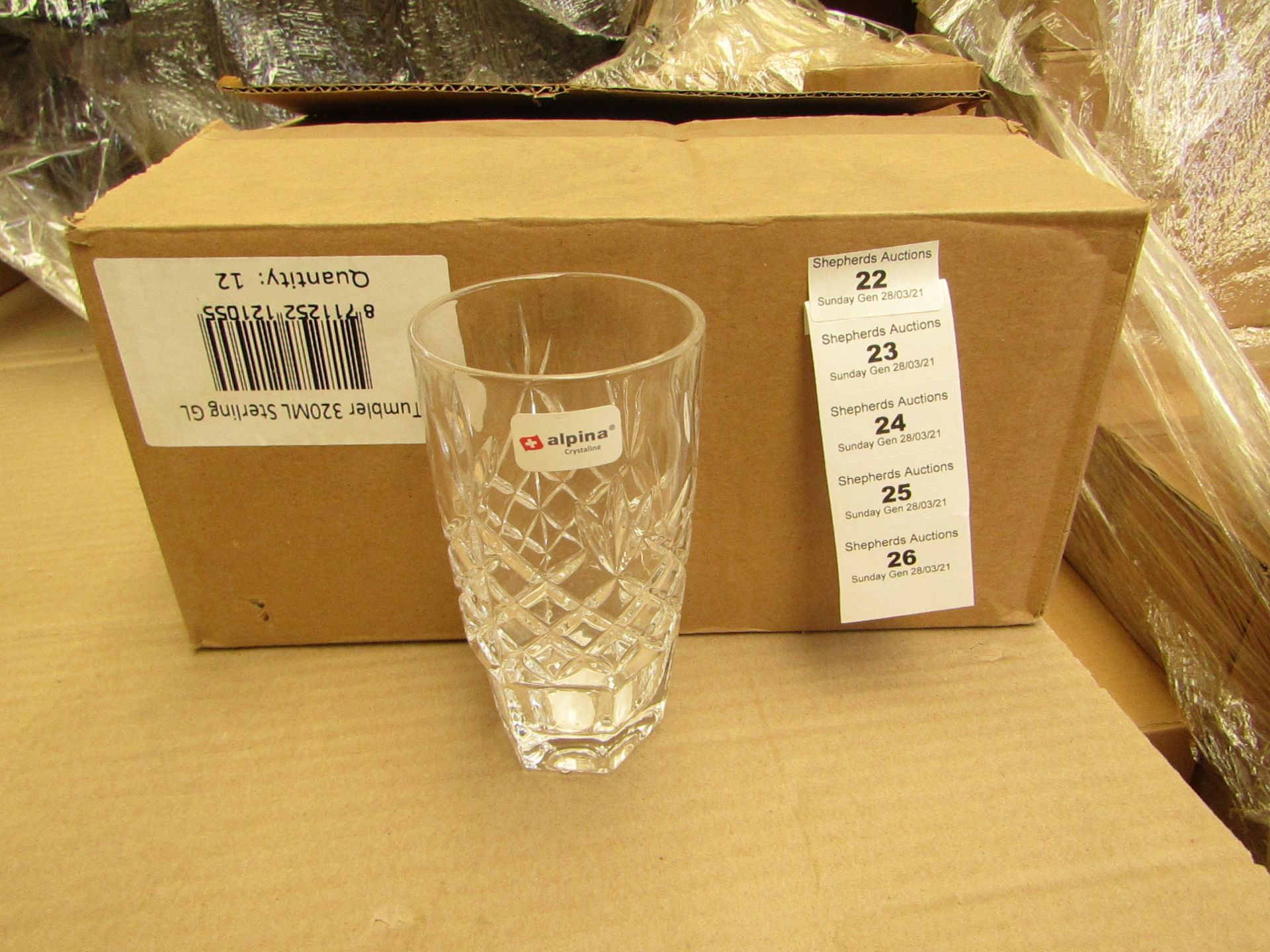 12 x Alpina Crystaline - 320ML Glass Tumblers - New & Boxed. see image for design