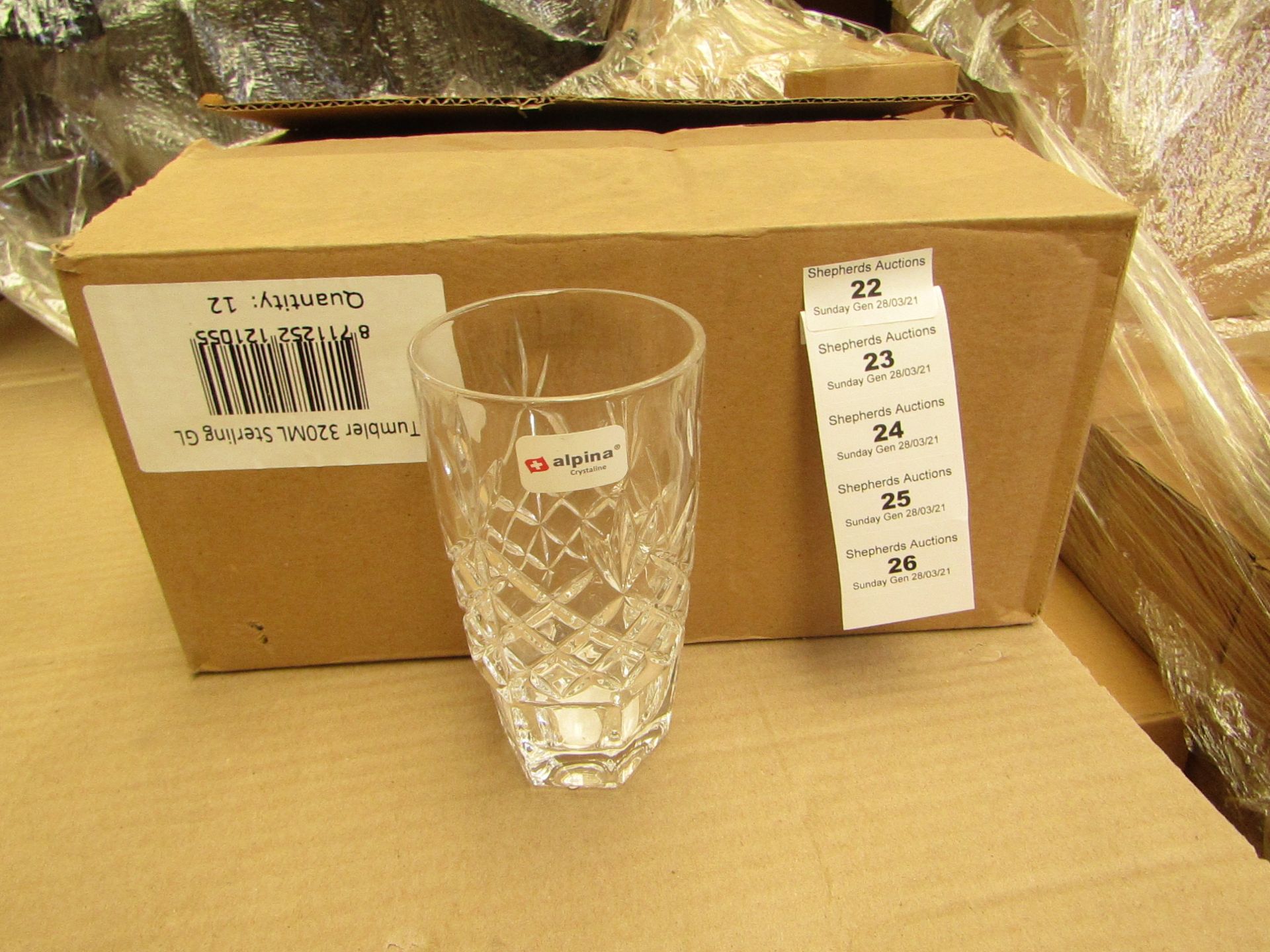 12 x Alpina Crystaline - 320ML Glass Tumblers - New & Boxed. see image for design