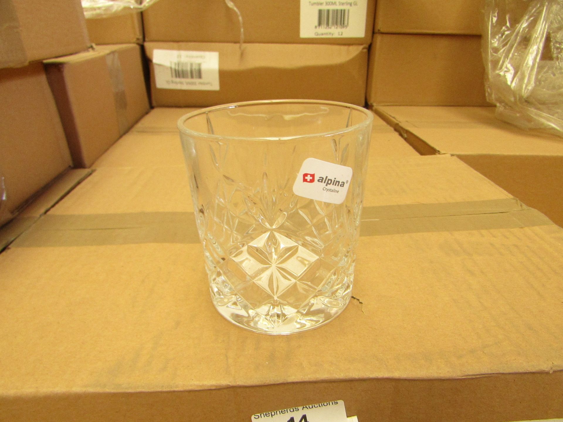 12 x Alpina Crystaline - 300ML Glass Tumblers - New & Boxed. see image for design