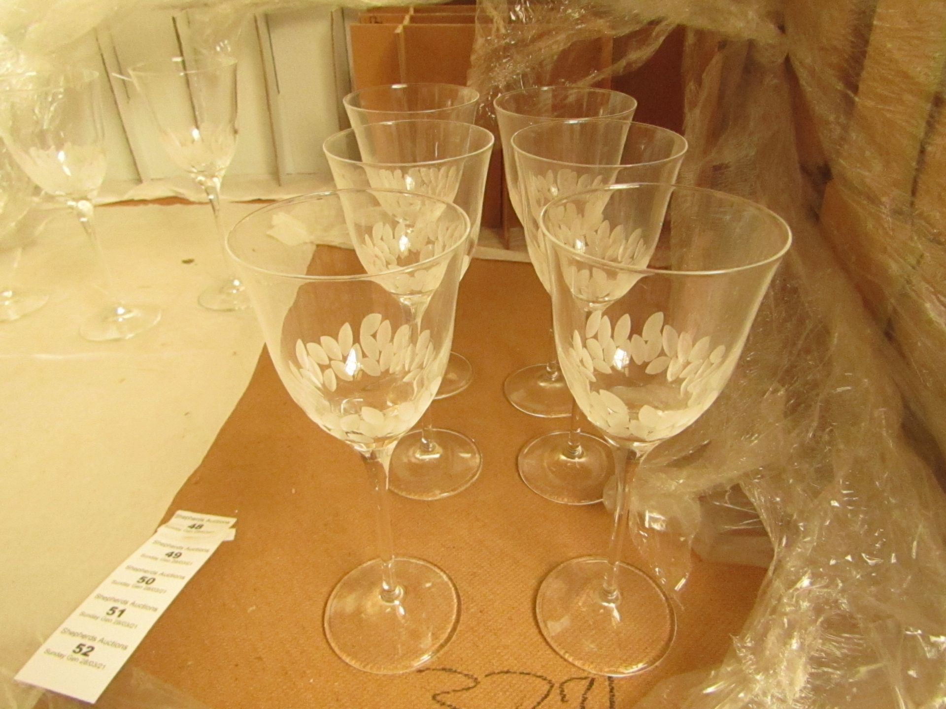 6 x Cristal De Toscane Etched Wine Glasses - New. see image for design