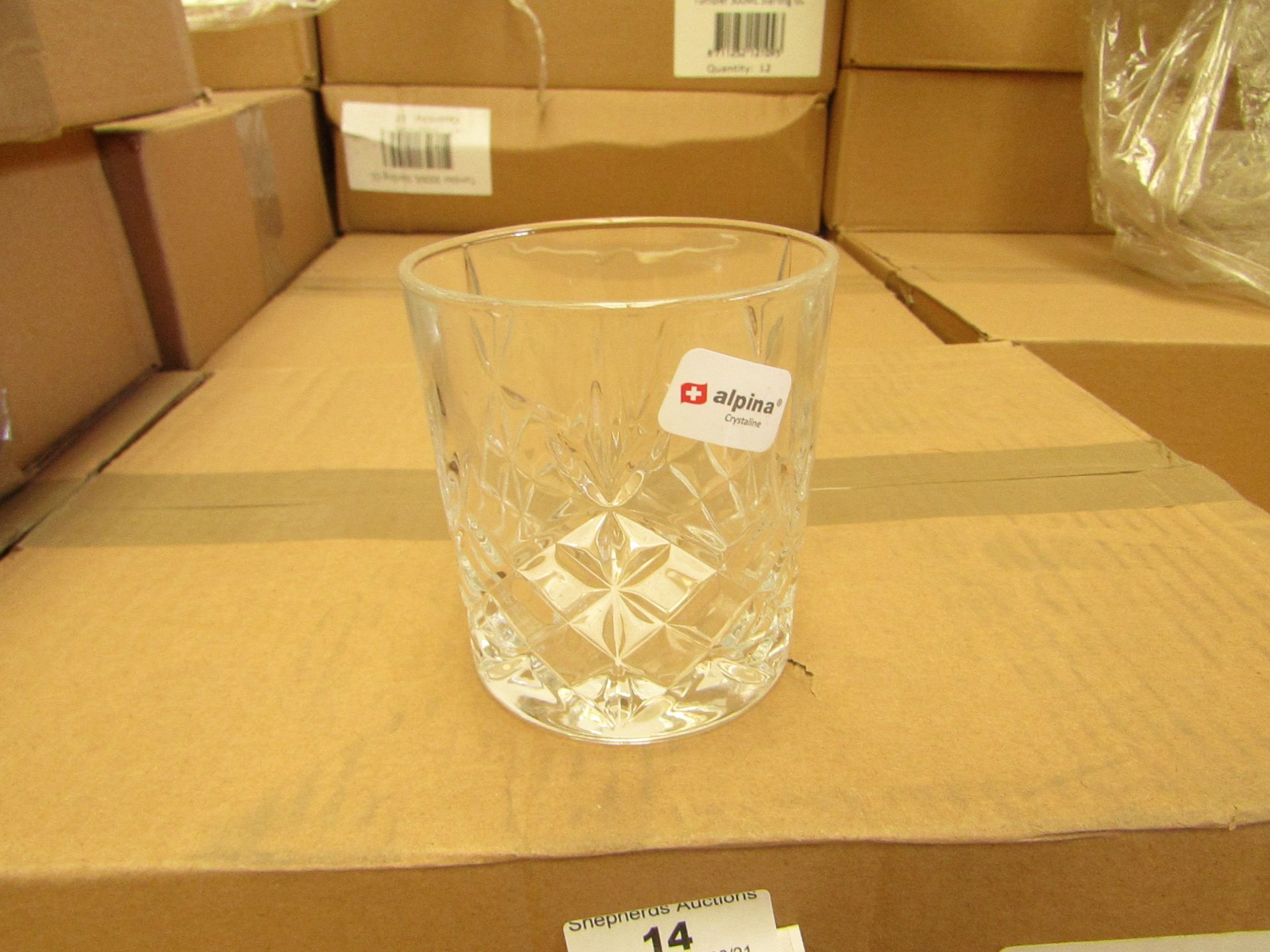 12 x Alpina Crystaline - 300ML Glass Tumblers - New & Boxed. see image for design