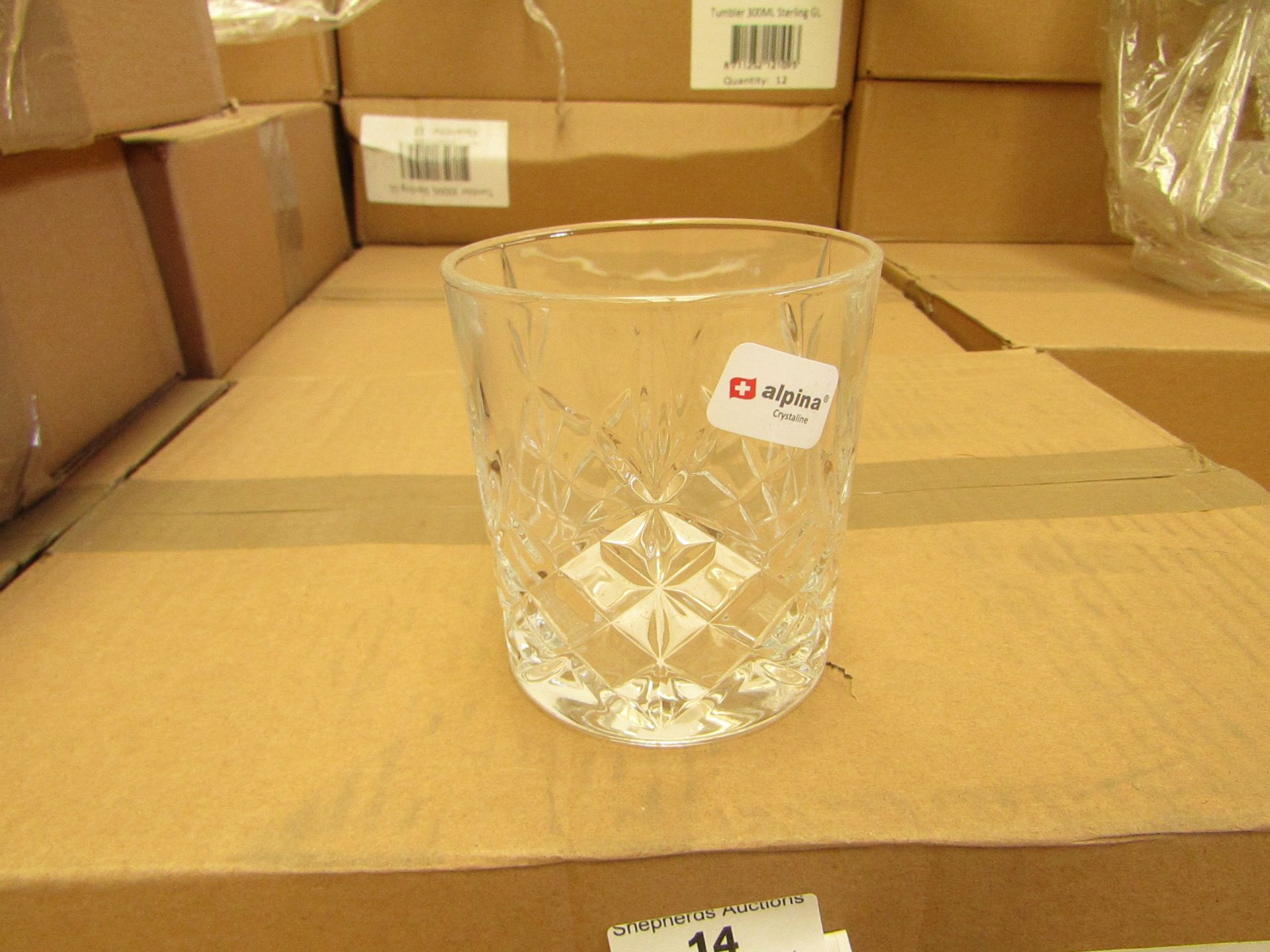 12 x Alpina Crystaline - 300ML Glass Tumblers - New & Boxed. see image for design