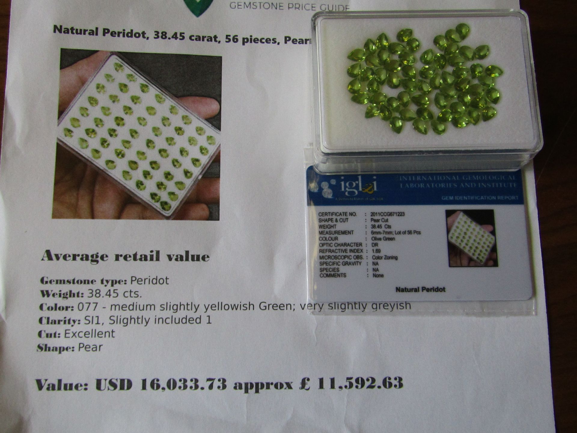 IGL&I certified - Natural Peridot - 38.45 carats - 56 Pieces - Average retail value £11,592.63 IGL&I