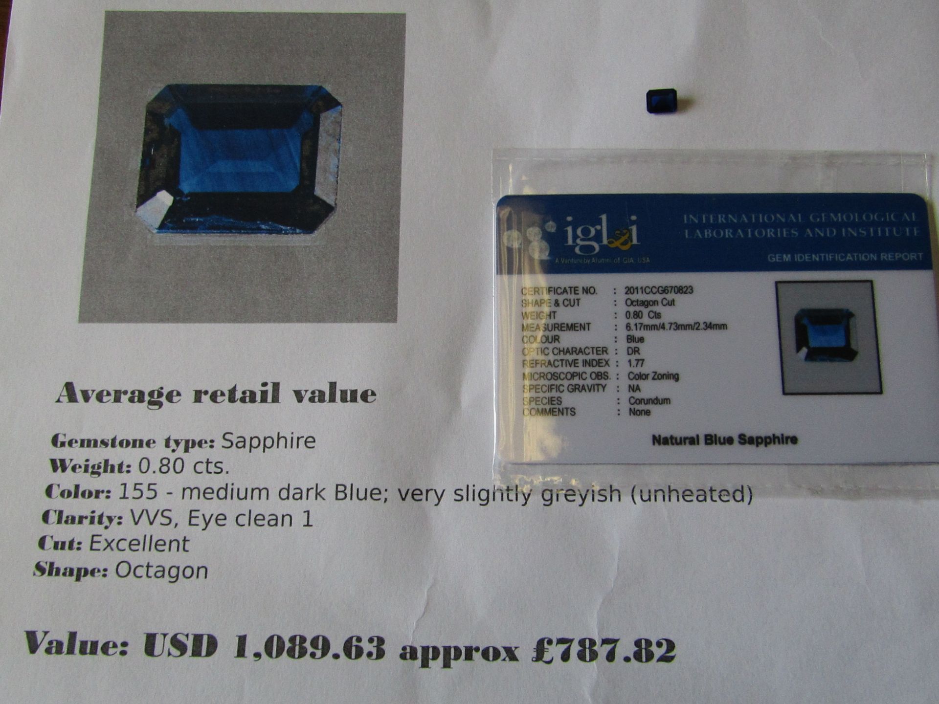 IGL&I Certified - Natural Sapphire (untreated) - 0.80 carats - average retail value £787.82 IGL&I is