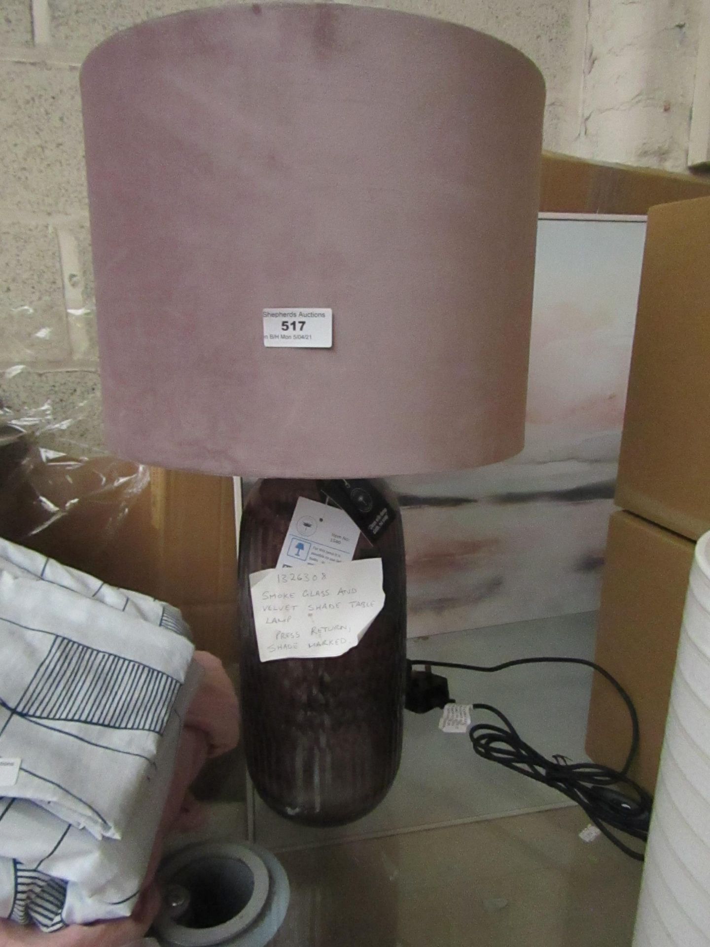 | 1X | COX & COX SMOKE GLASS & VELVET SHADE TABLE LAMP | UNCHECKED | RRP £- |