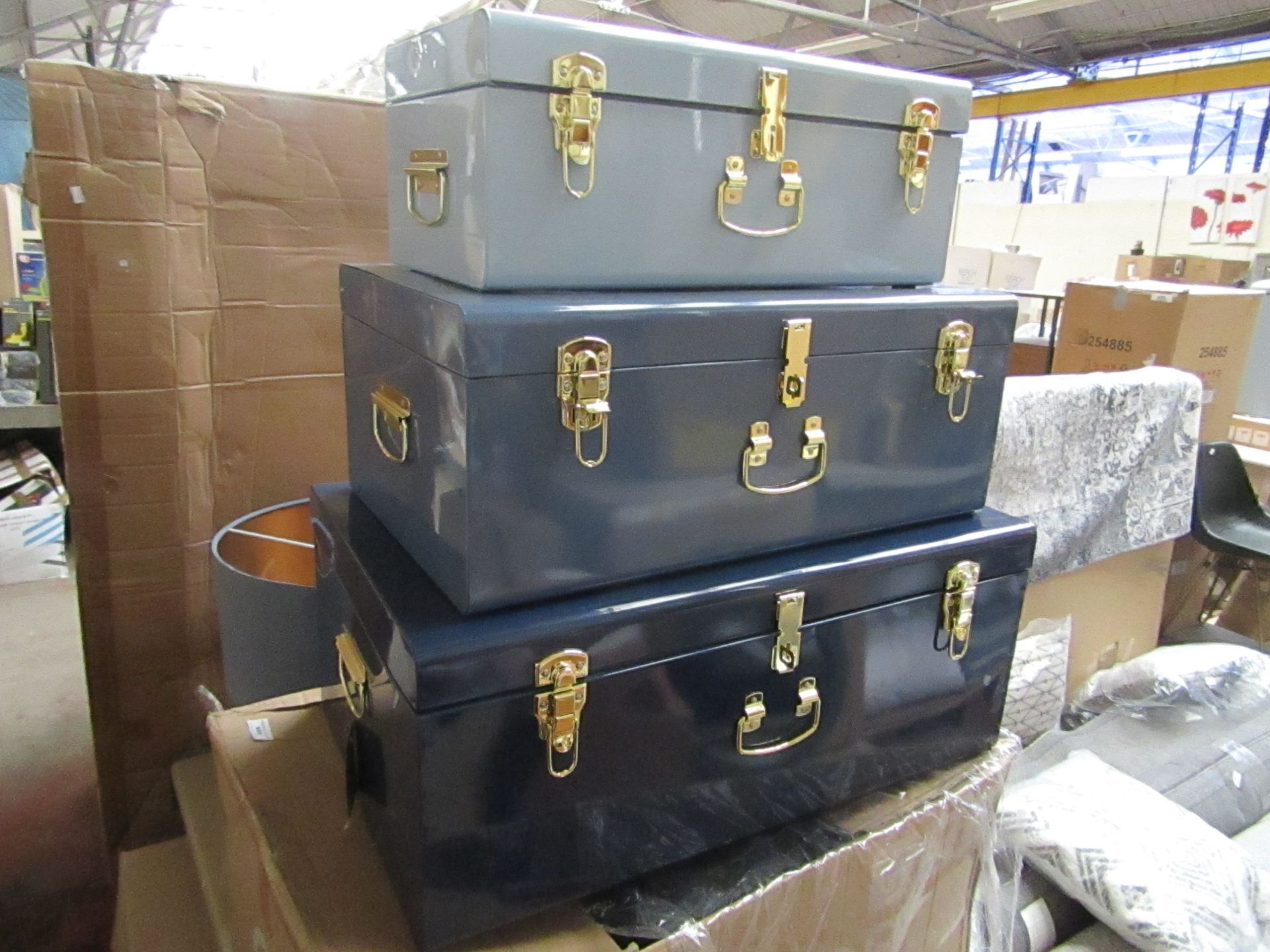 | 1X | MADE.COM GUNNER SET OF 3 EXTRA LARGE METAL STORAGE TRUNKS, TONAL BLUE | UNCHECKED & BOXED |